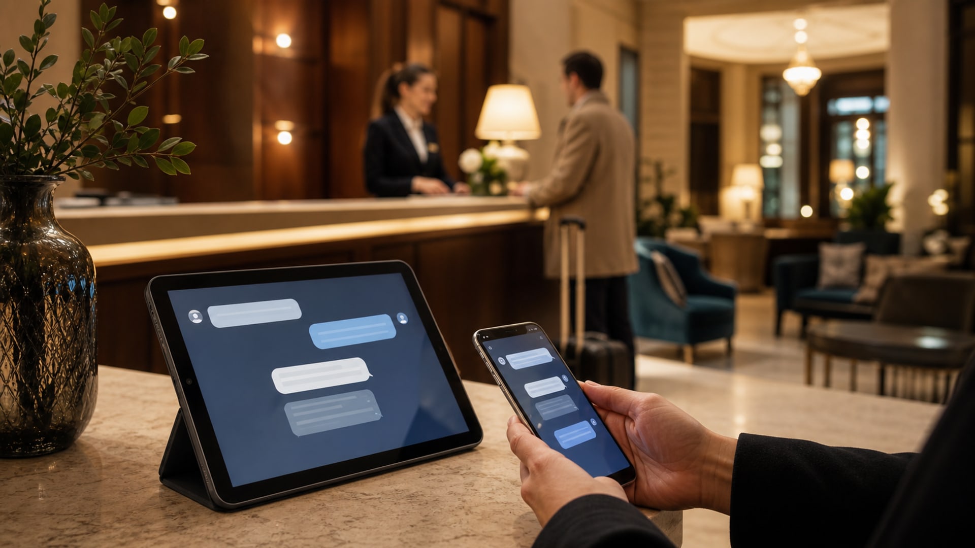 Herzlicher Empfang im Boutique-Hotel, Rezeptionist begrüßt Gäste, während ein KI-Concierge parallele Anfragen bearbeitet