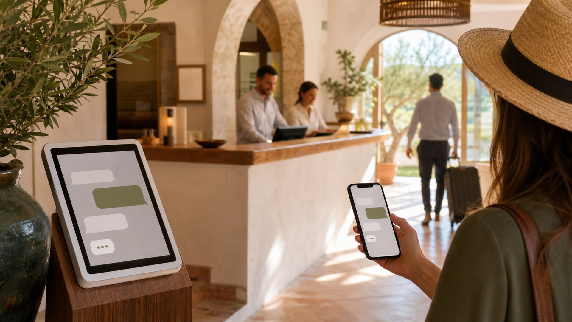 Bienvenida cálida en un hotel boutique con un recepcionista saludando a los huéspedes mientras un concierge de IA atiende consultas en paralelo