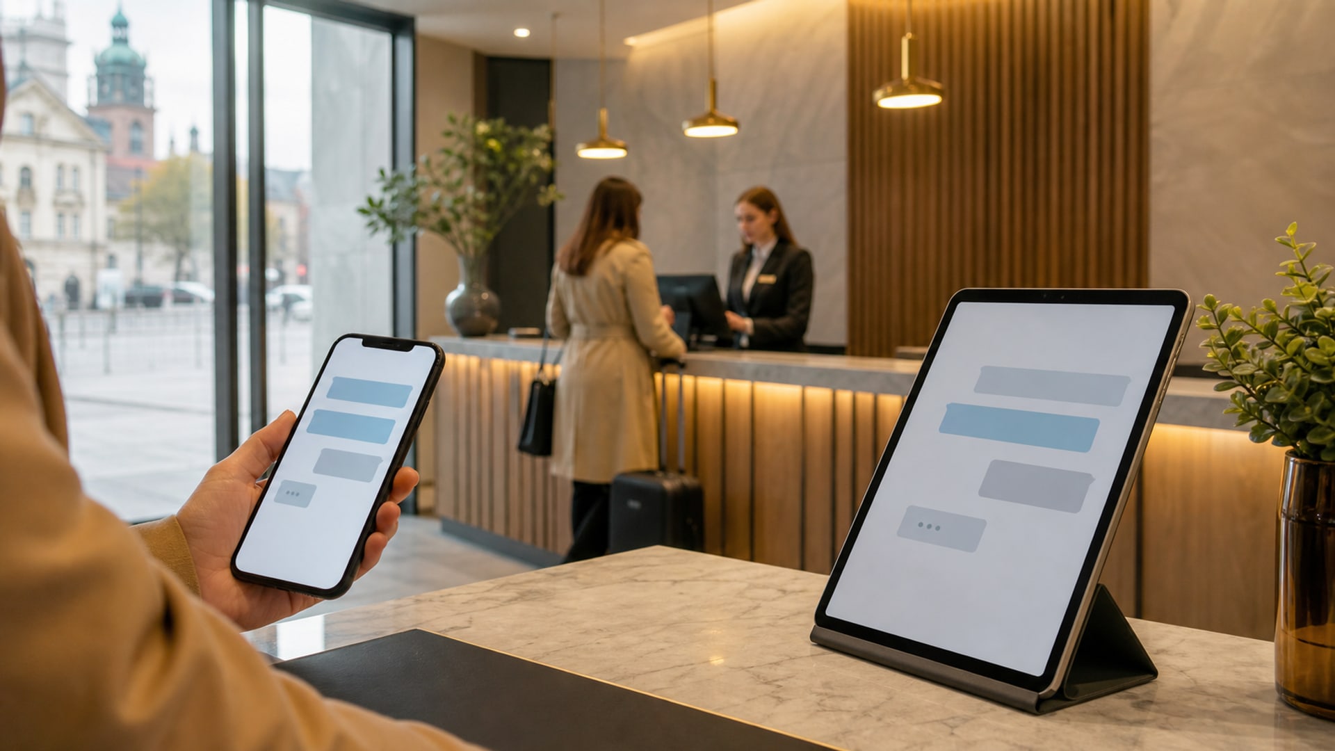 Ciepłe powitanie w butikowym hotelu, recepcjonista wita gości, a concierge AI obsługuje równoległe zapytania