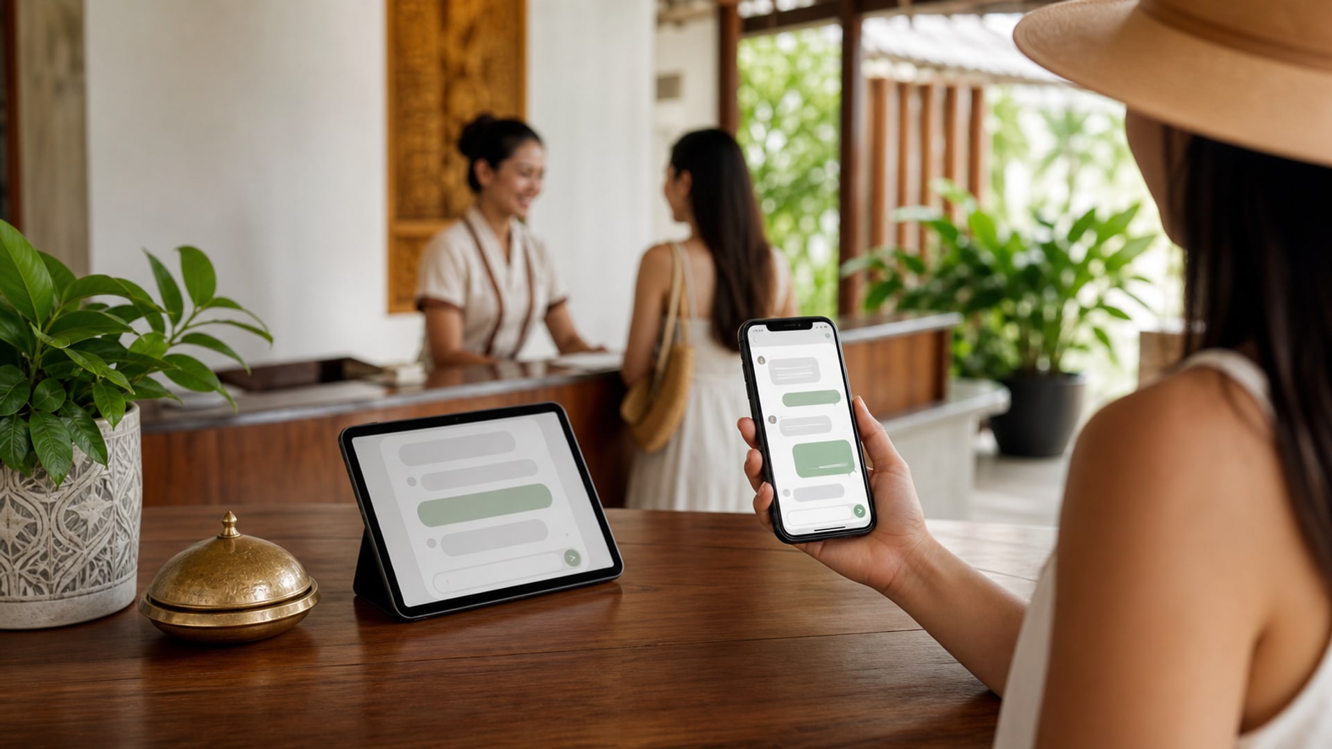 บูทีคโฮเทลต้อนรับอย่างอบอุ่นโดยพนักงานต้อนรับทักทายแขก ขณะที่ AI concierge รับมือกับคำถามหลายรายการพร้อมกัน