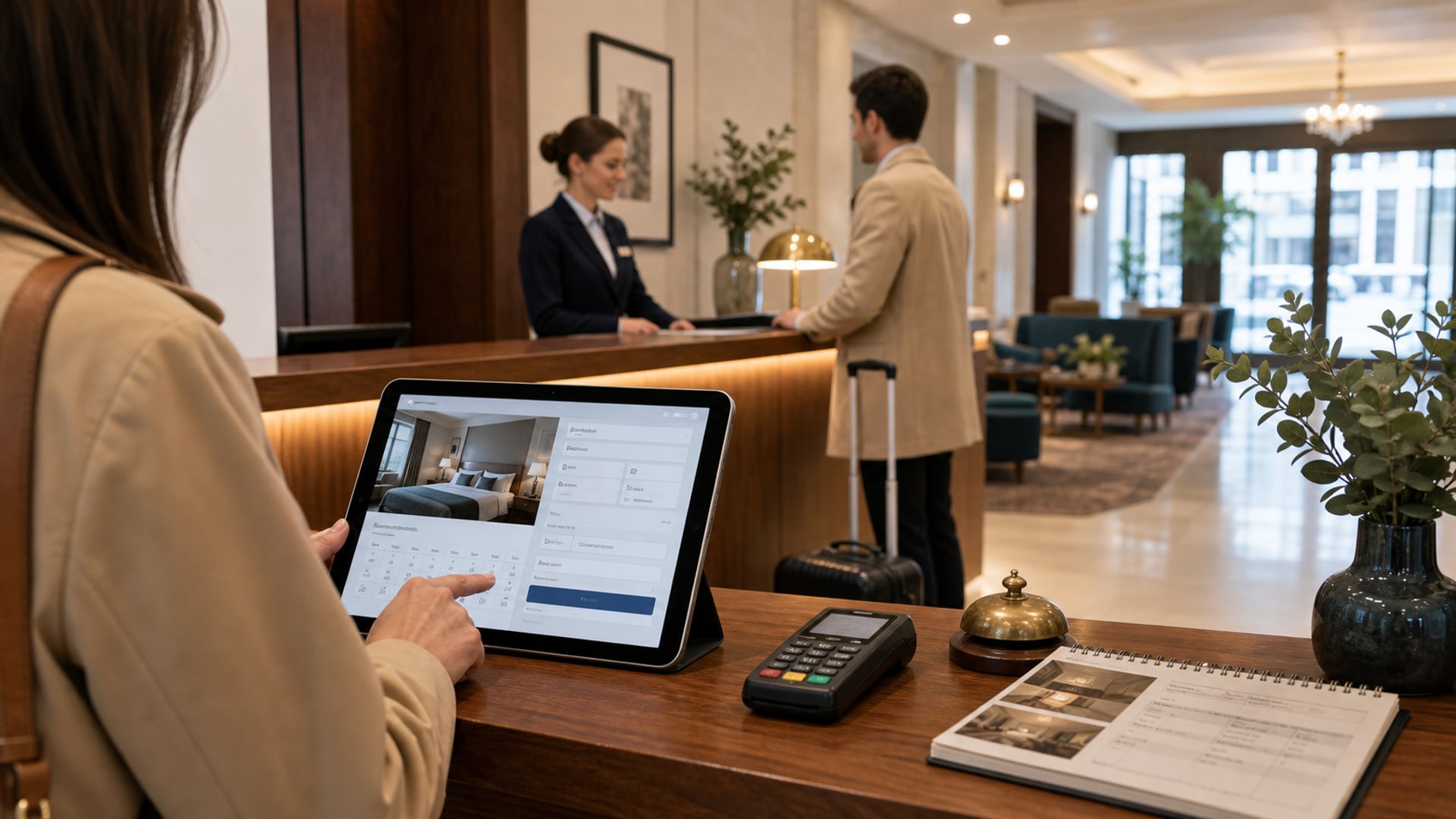 Lobby eines mediterranen Boutique-Hotels mit ankommenden Gästen nach einer Direktbuchung