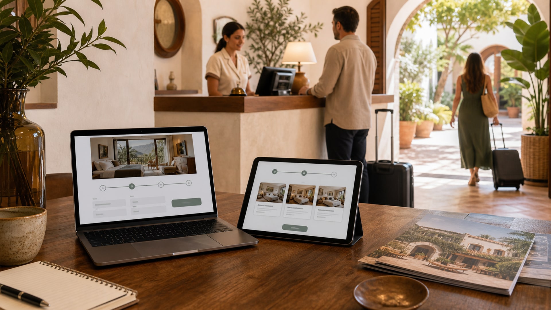 Recepción de un hotel boutique mediterráneo con huéspedes llegando tras una reserva directa