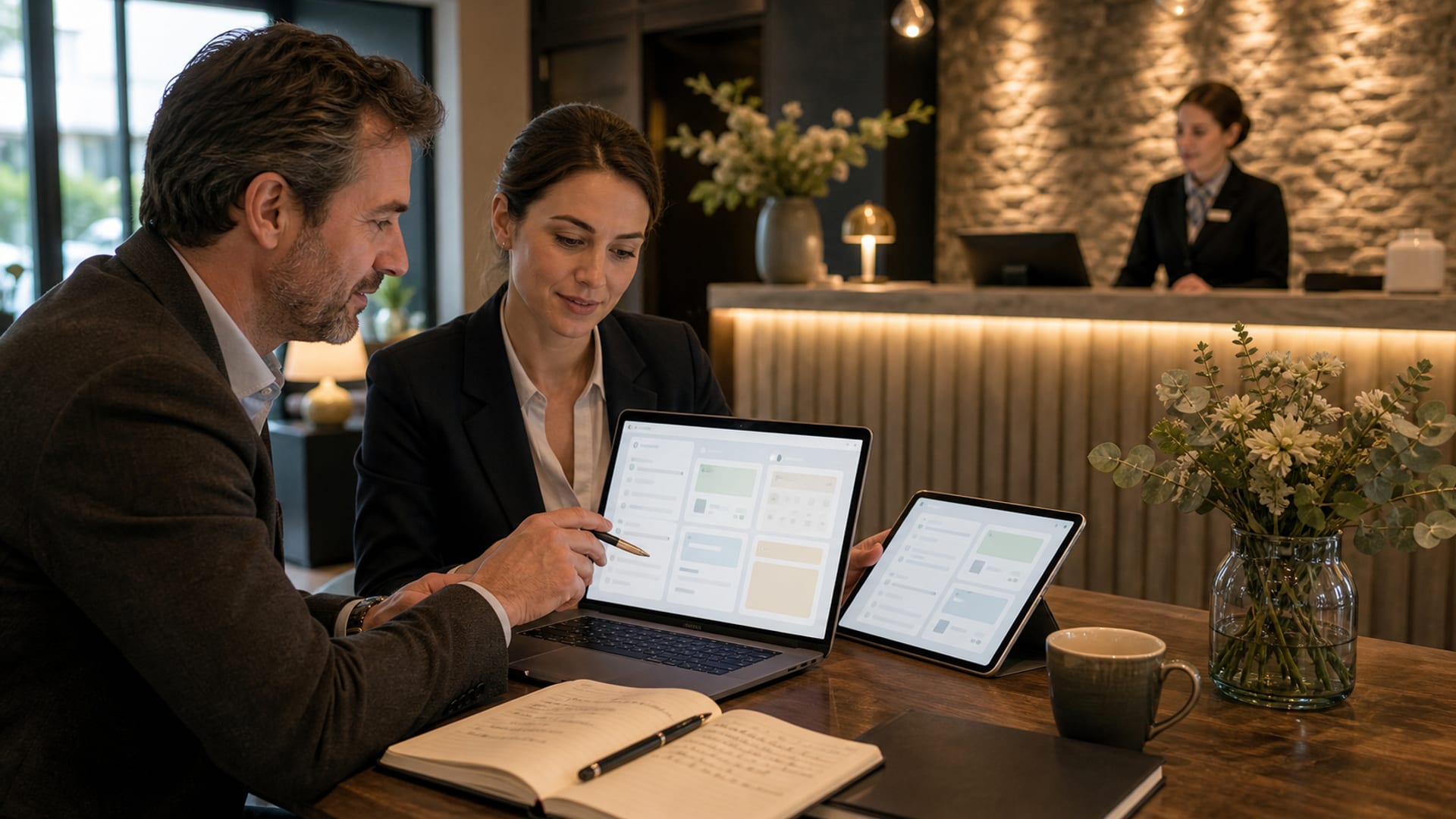 Boutique-Hotel-Lobby mit moderner Technologieintegration