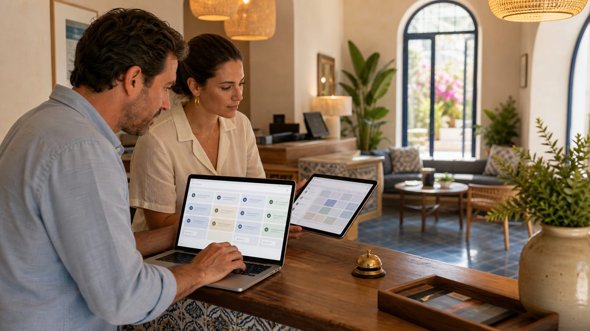 Lobby de hotel boutique con integración tecnológica moderna