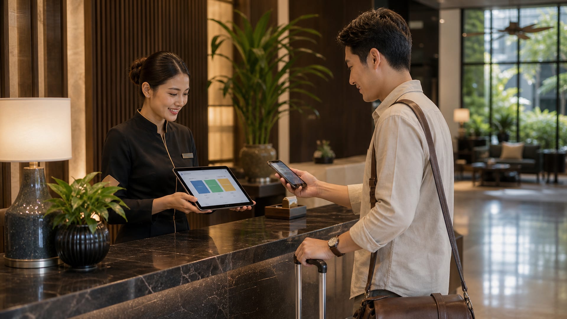 เคาน์เตอร์ต้อนรับโรงแรมสมัยใหม่พร้อมสำหรับ contactless check-in