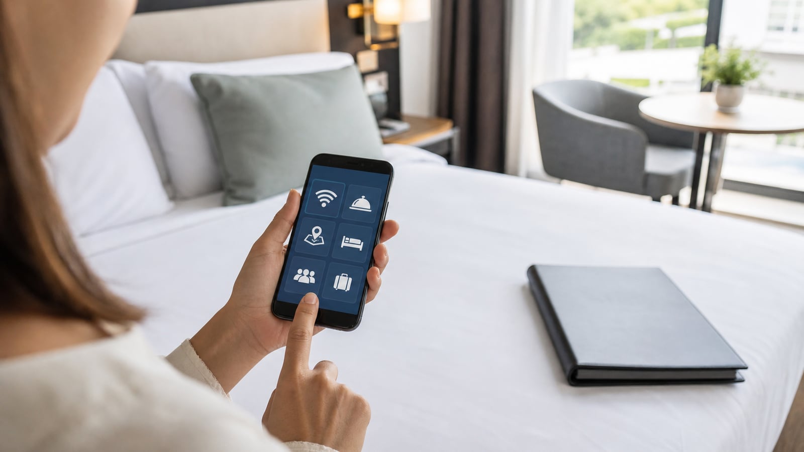 Smartphone zeigt einen in Abschnitte gegliederten digitalen Hotelguide mit Kacheln für WiFi, Gastronomie, Umgebung und Abreise