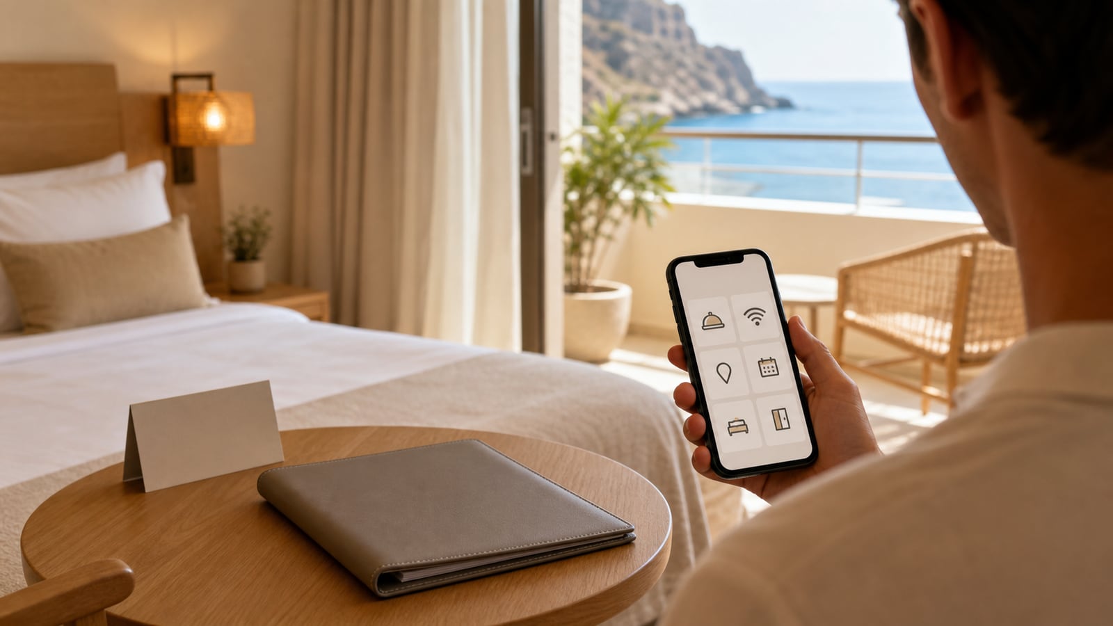 Teléfono que muestra una guía digital de hotel por secciones con mosaicos de WiFi, gastronomía, zona local y salida