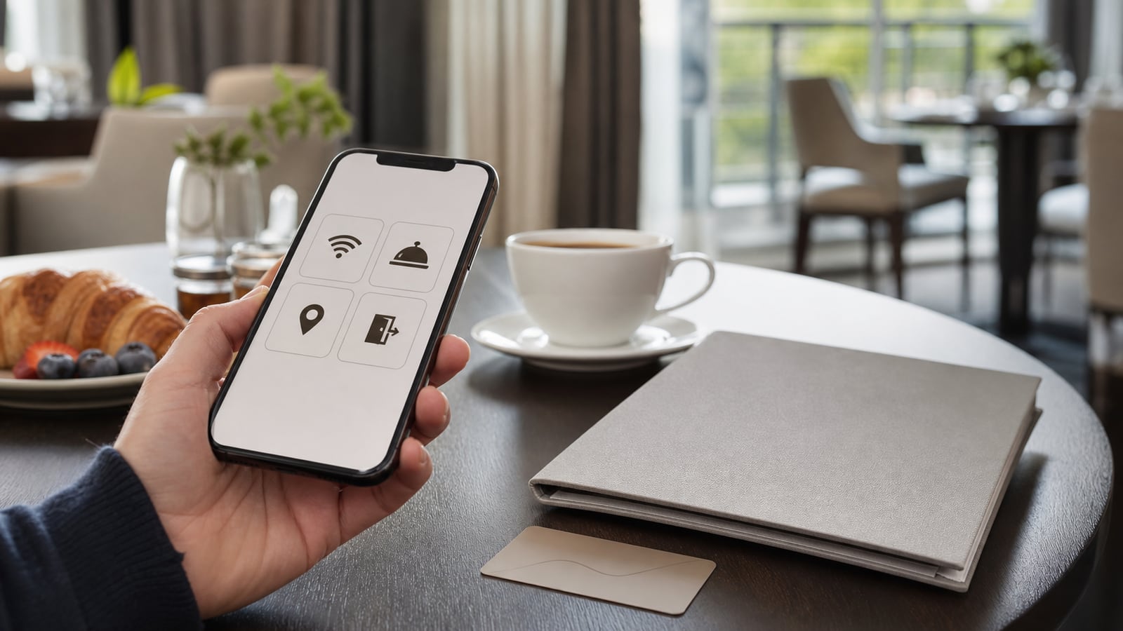 Telefon pokazujący podzielony na sekcje cyfrowy przewodnik hotelowy z kafelkami WiFi, gastronomii, okolicy i wymeldowania