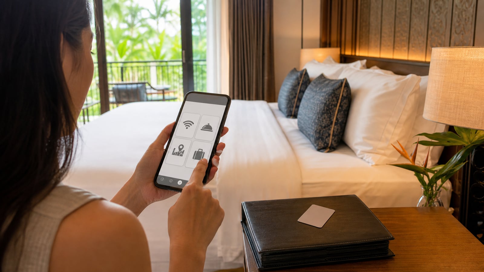 โทรศัพท์แสดงคู่มือโรงแรมดิจิทัลแบ่งเป็นส่วนพร้อมไทล์ WiFi อาหาร พื้นที่ใกล้เคียง และการเช็คเอาท์