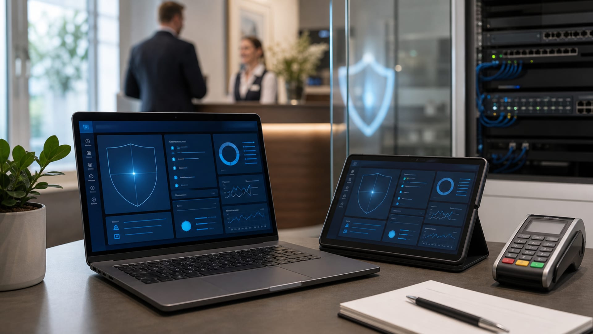Hotelrezeption mit gesicherten Technologiesystemen
