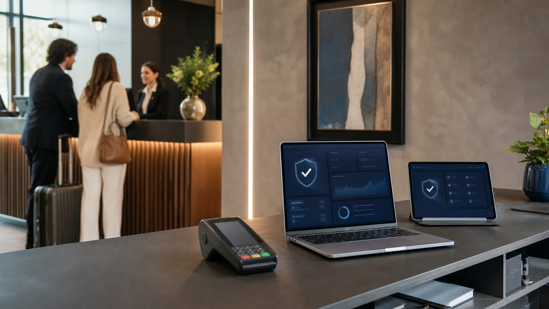 Recepción de hotel con sistemas tecnológicos seguros
