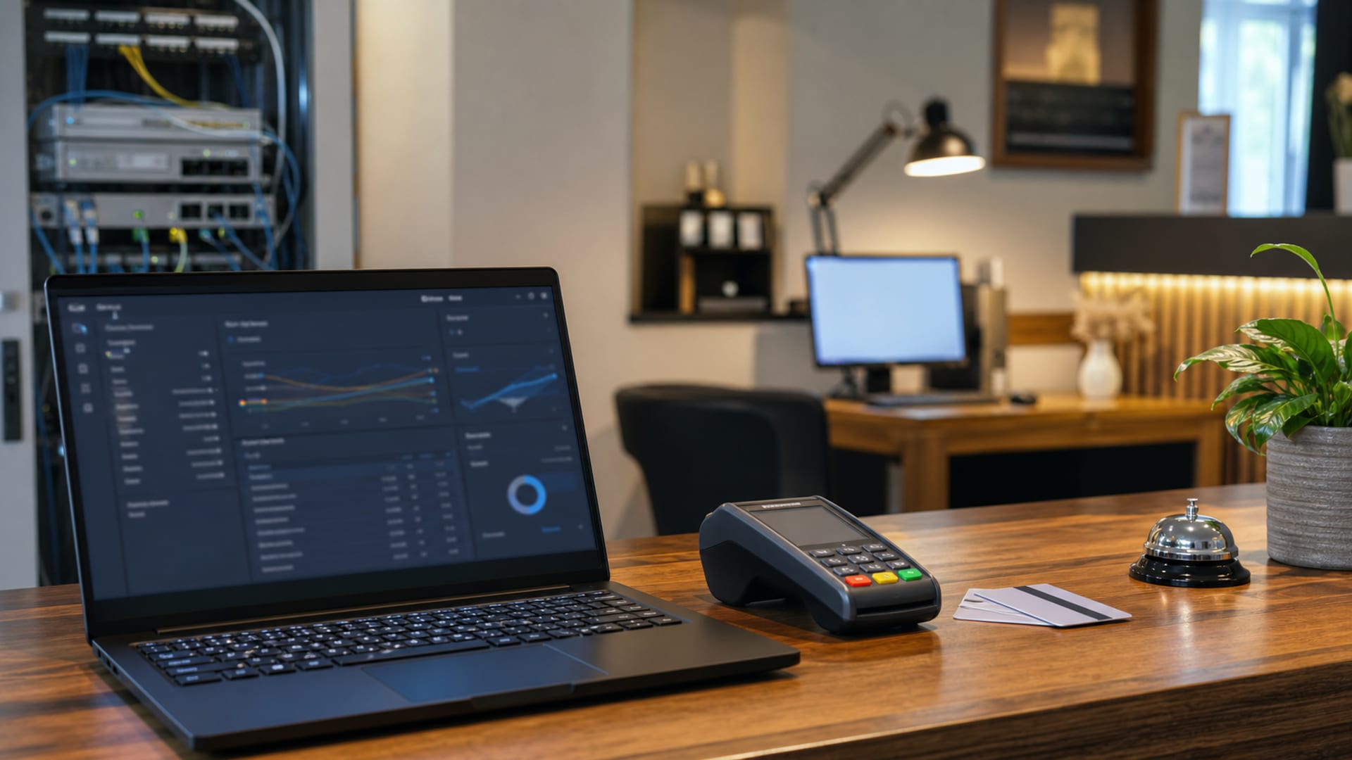 Recepcja hotelowa z zabezpieczonymi systemami technologicznymi