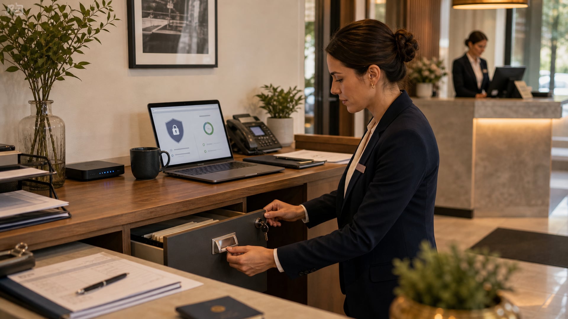Hotelrezeption mit gesicherten Technologiesystemen