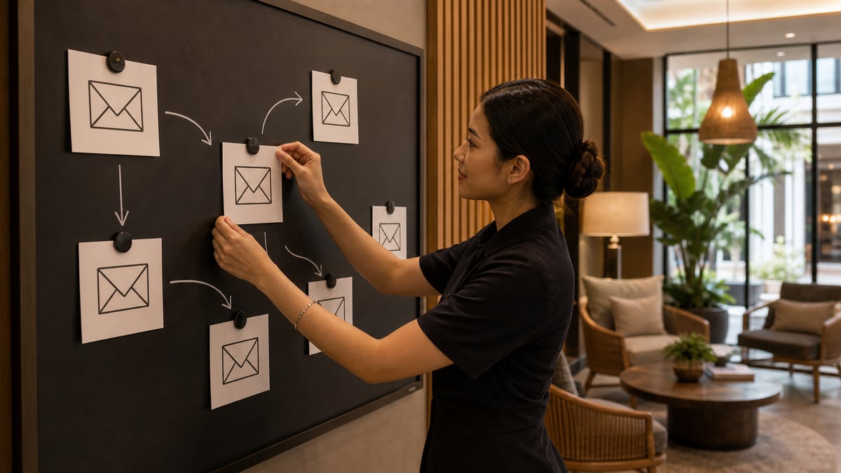 เครื่องมือ email marketing โรงแรม: Revinate, Mailchimp, Cendyn, Navis, Emma สำหรับแคมเปญ pre-arrival, win-back และ newsletter