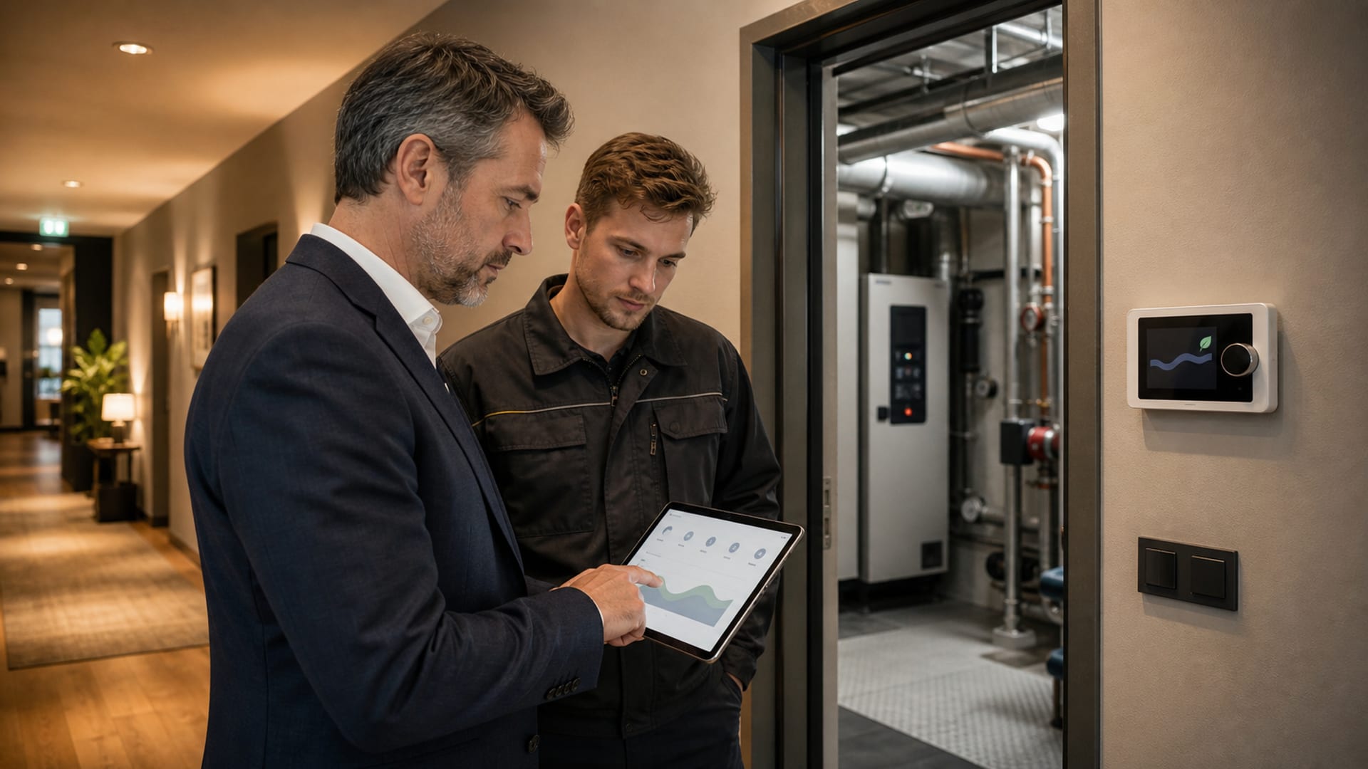 Hotelgebäude mit eingeblendetem Energiemanagement-Dashboard und Verbrauchskennzahlen