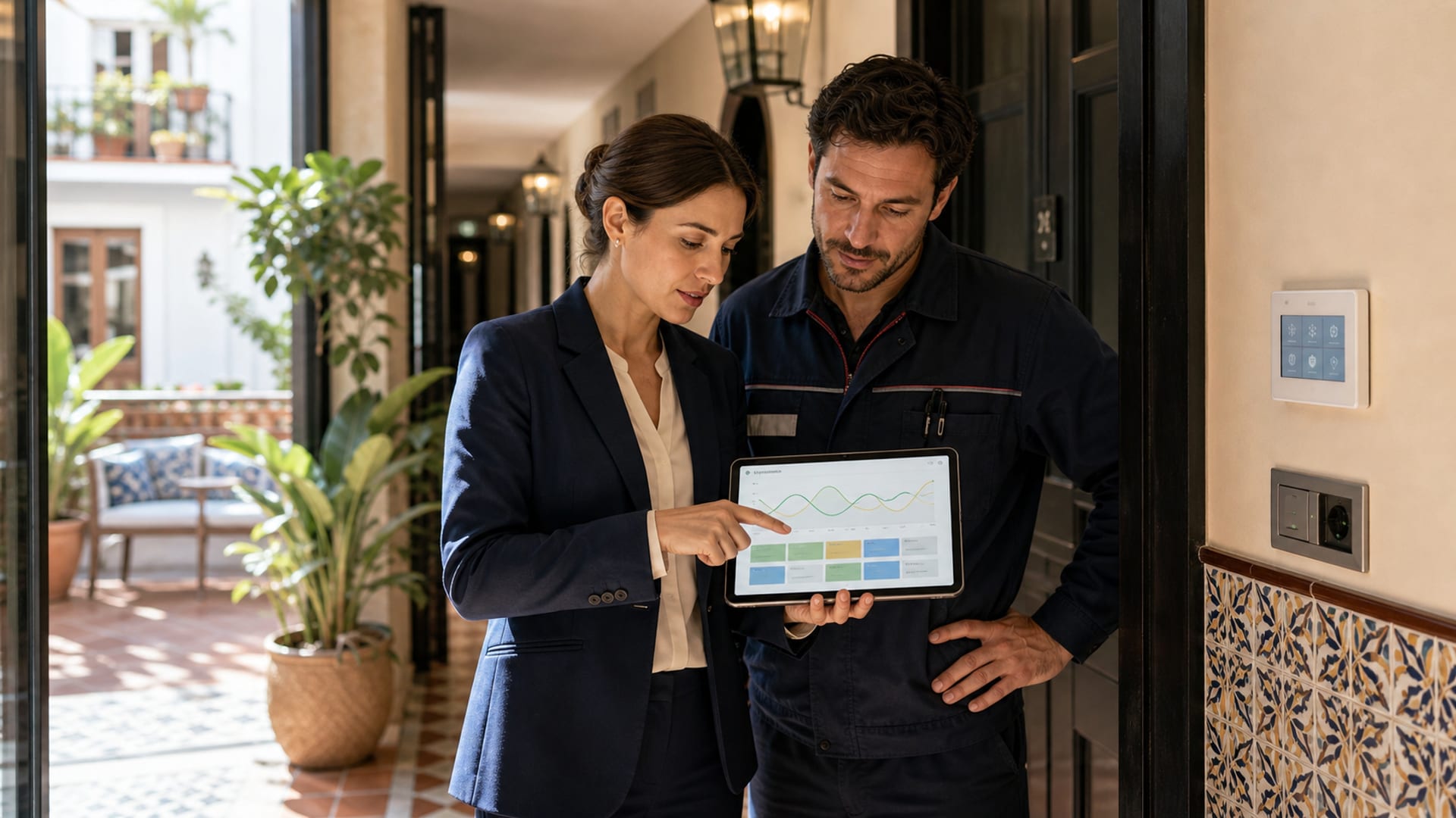 Edificio hotelero con panel de gestión energética superpuesto mostrando indicadores de consumo