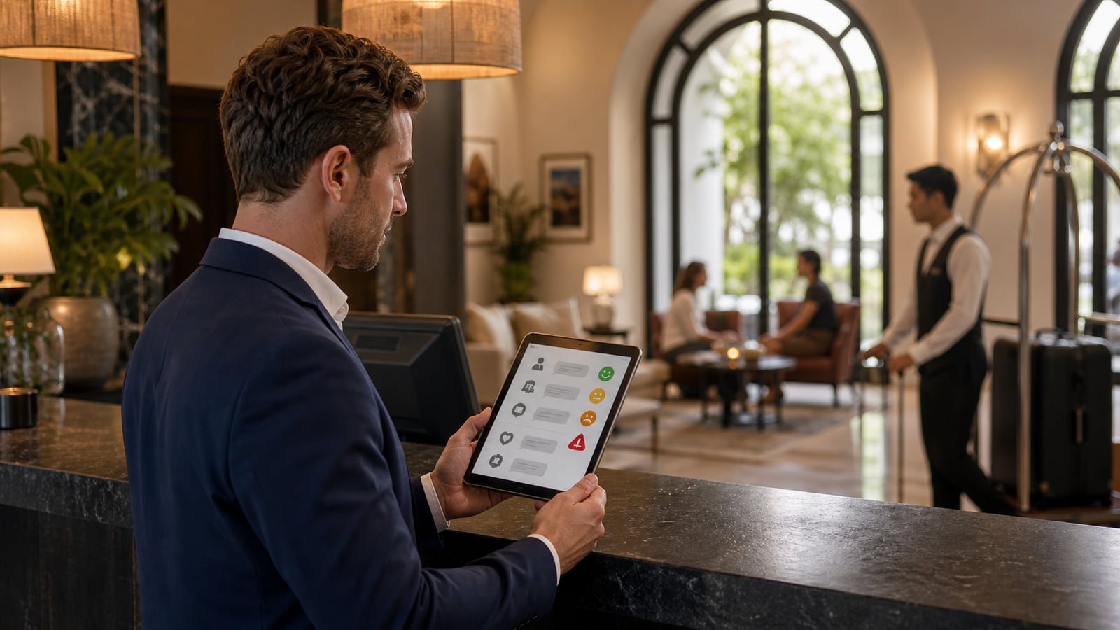 Hotelmanager-Dashboard mit Live-Chat-Nachrichten von Gästen, nach Stimmung markiert, mit einem negativen Alarm