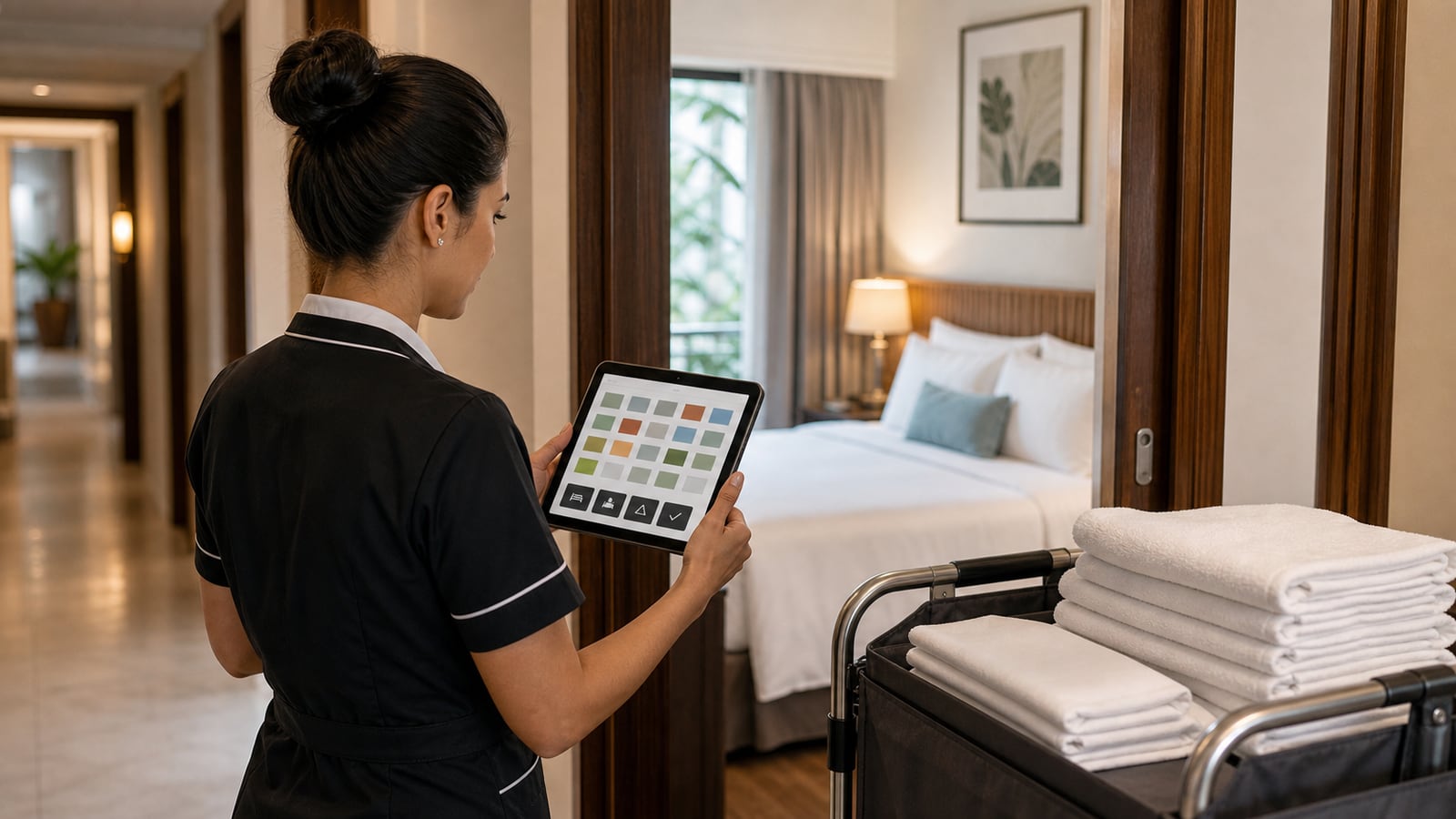 Echtzeit-Housekeeping-Board, das Zimmer als sauber, schmutzig, in Reinigung und außer Betrieb über mehrere Etagen anzeigt