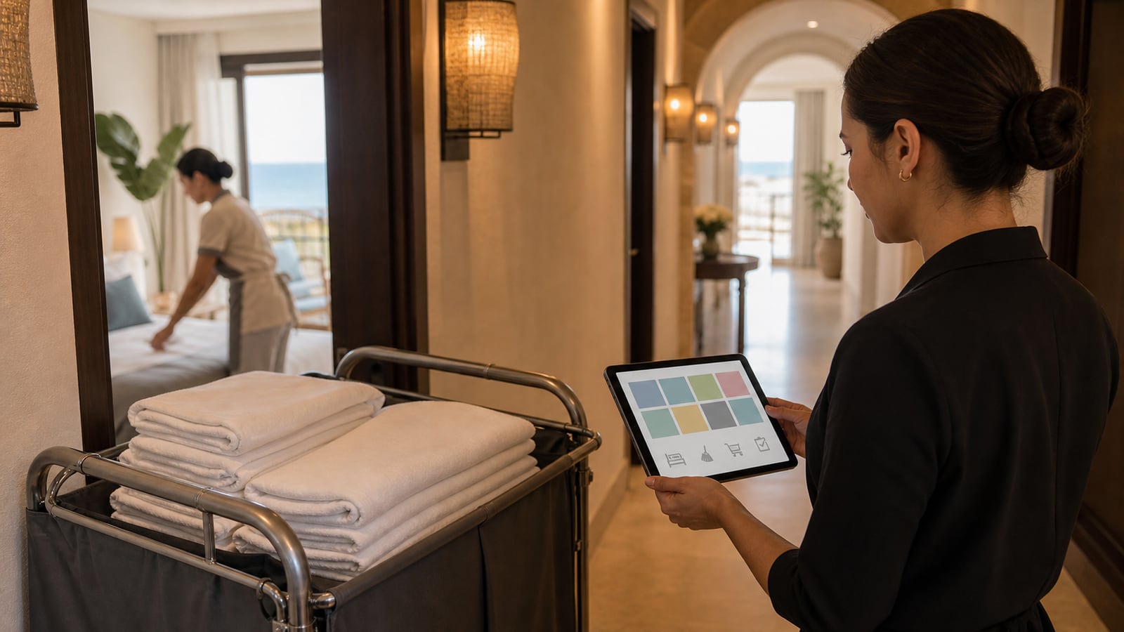Tablero de housekeeping en tiempo real que muestra habitaciones marcadas como limpias, sucias, en limpieza y fuera de servicio por plantas