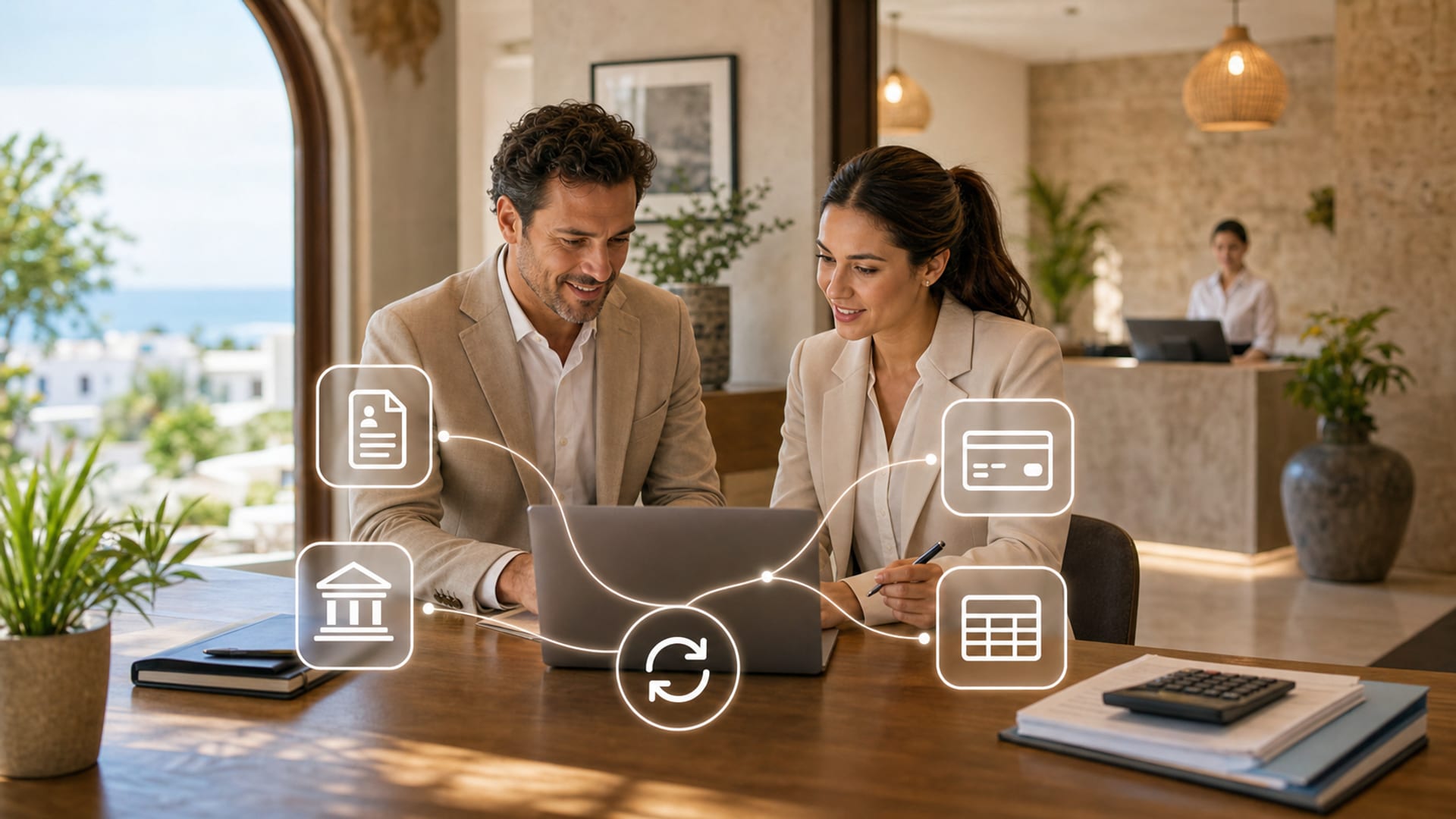 Integración de PMS hotelero con software de contabilidad, conectores QuickBooks, Xero, A3con para automatización del cierre nocturno