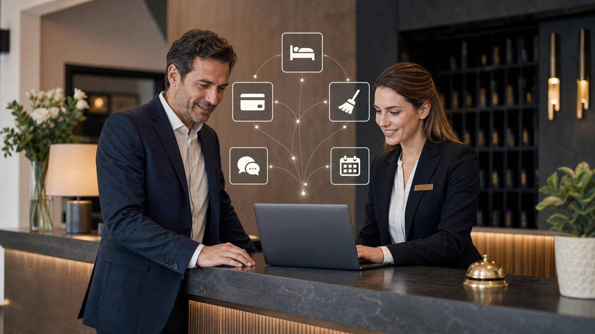 Rezeptionsteam eines kleinen Hotels prüft PMS-Integrations-Dashboard am Laptop