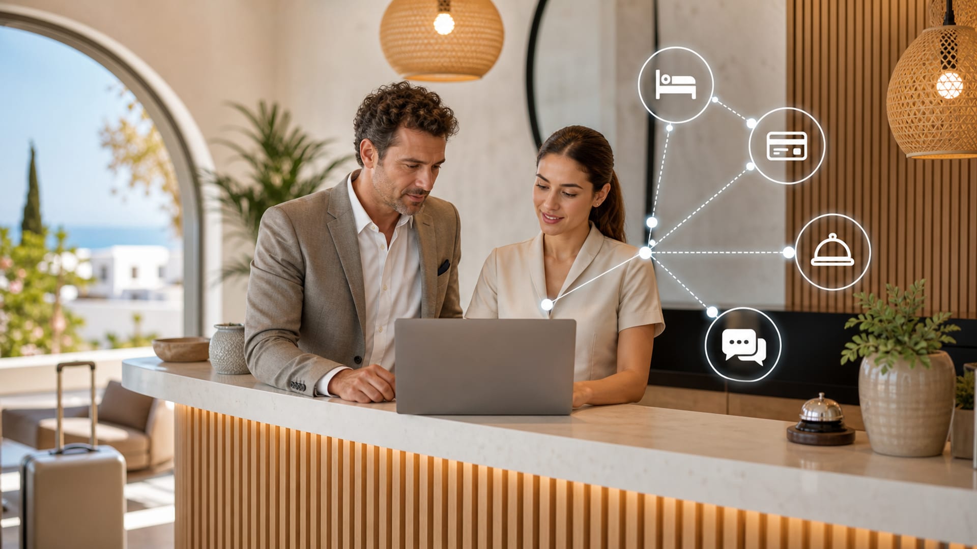 Personal de recepción de hotel pequeño revisando panel de integración PMS en laptop
