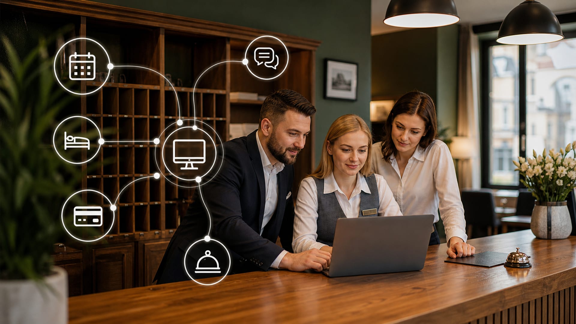 Pracownicy recepcji małego hotelu analizują panel integracji PMS na laptopie