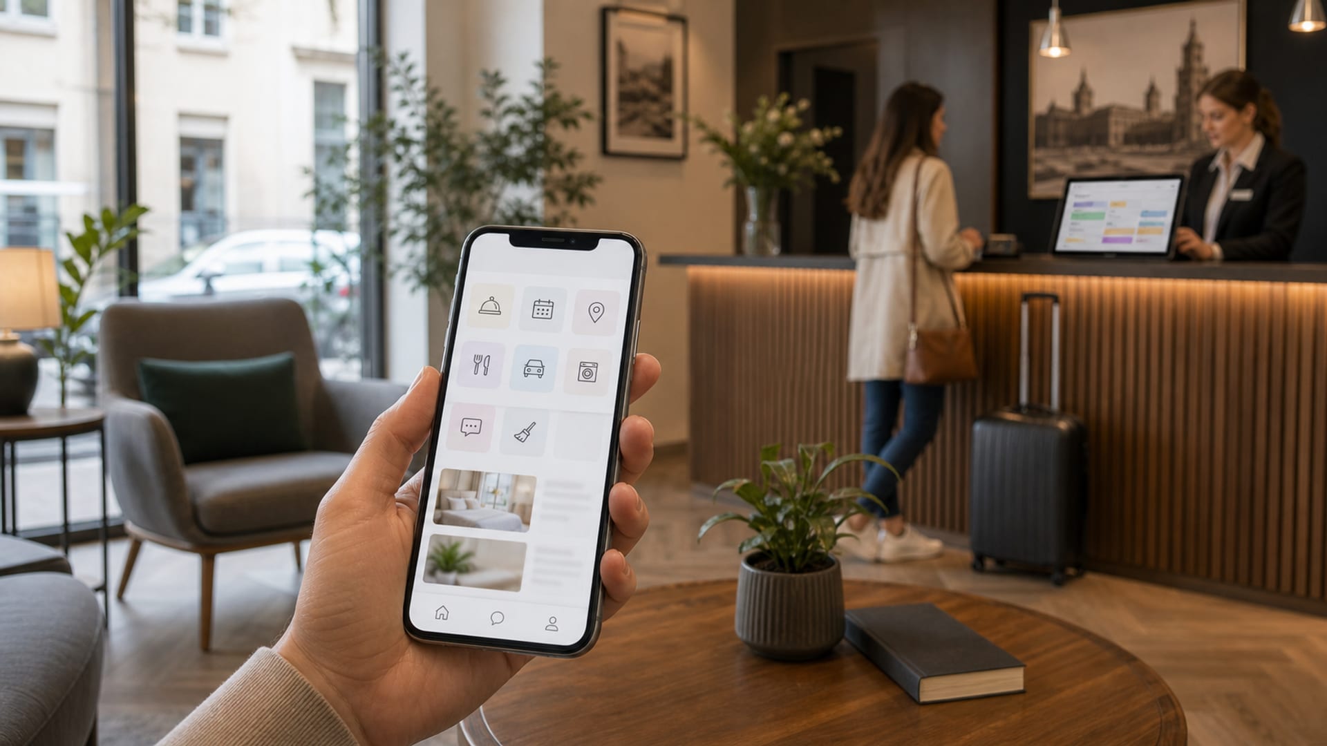 Hotelgast nutzt ein Self-Service-Gästeportal auf einem Smartphone