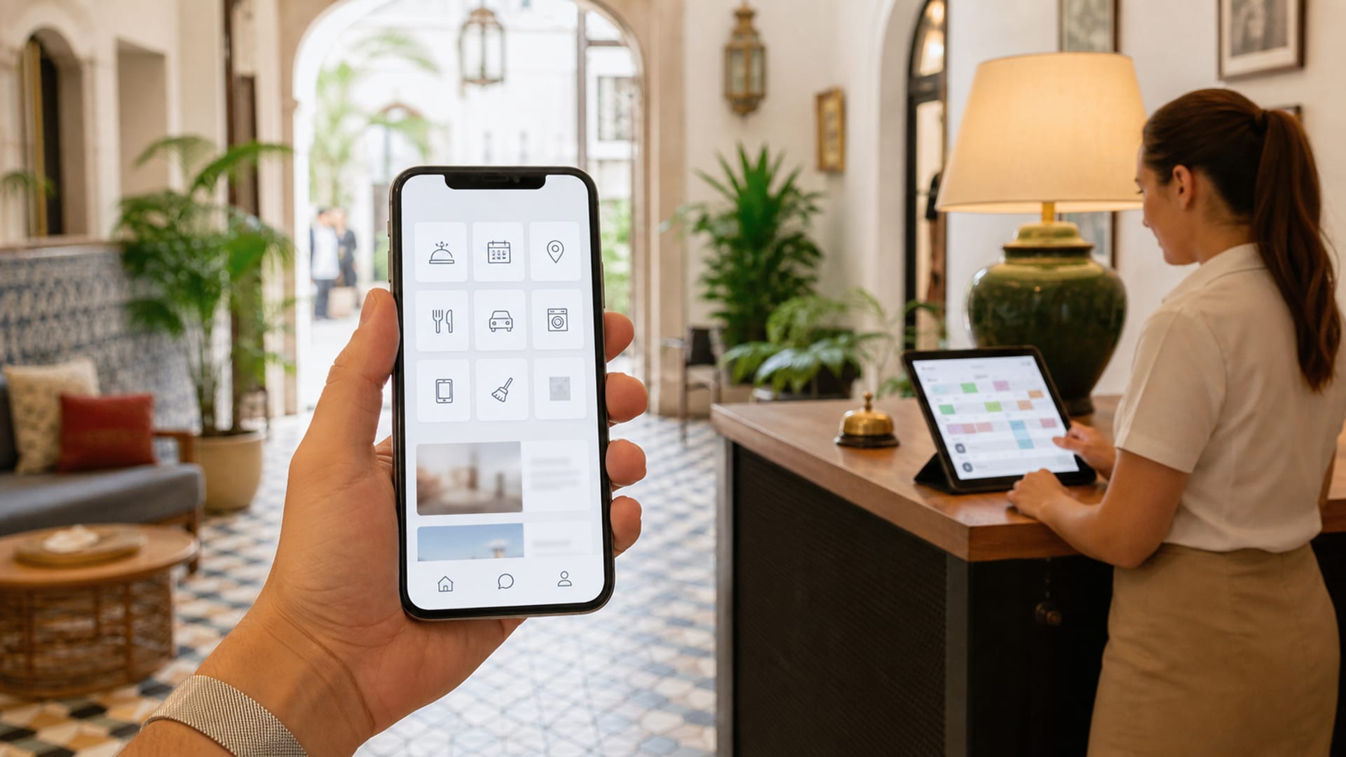 Huésped de hotel usando un portal de autoservicio en un smartphone