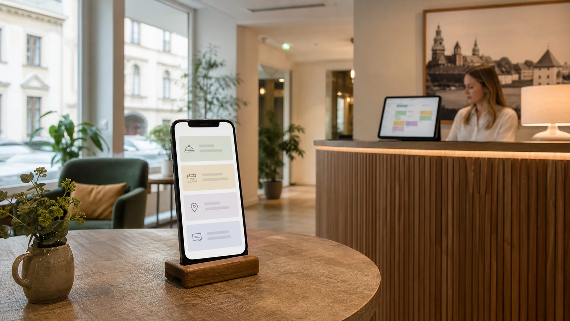 Gość hotelowy korzystający z samoobsługowego portalu gościa na smartfonie