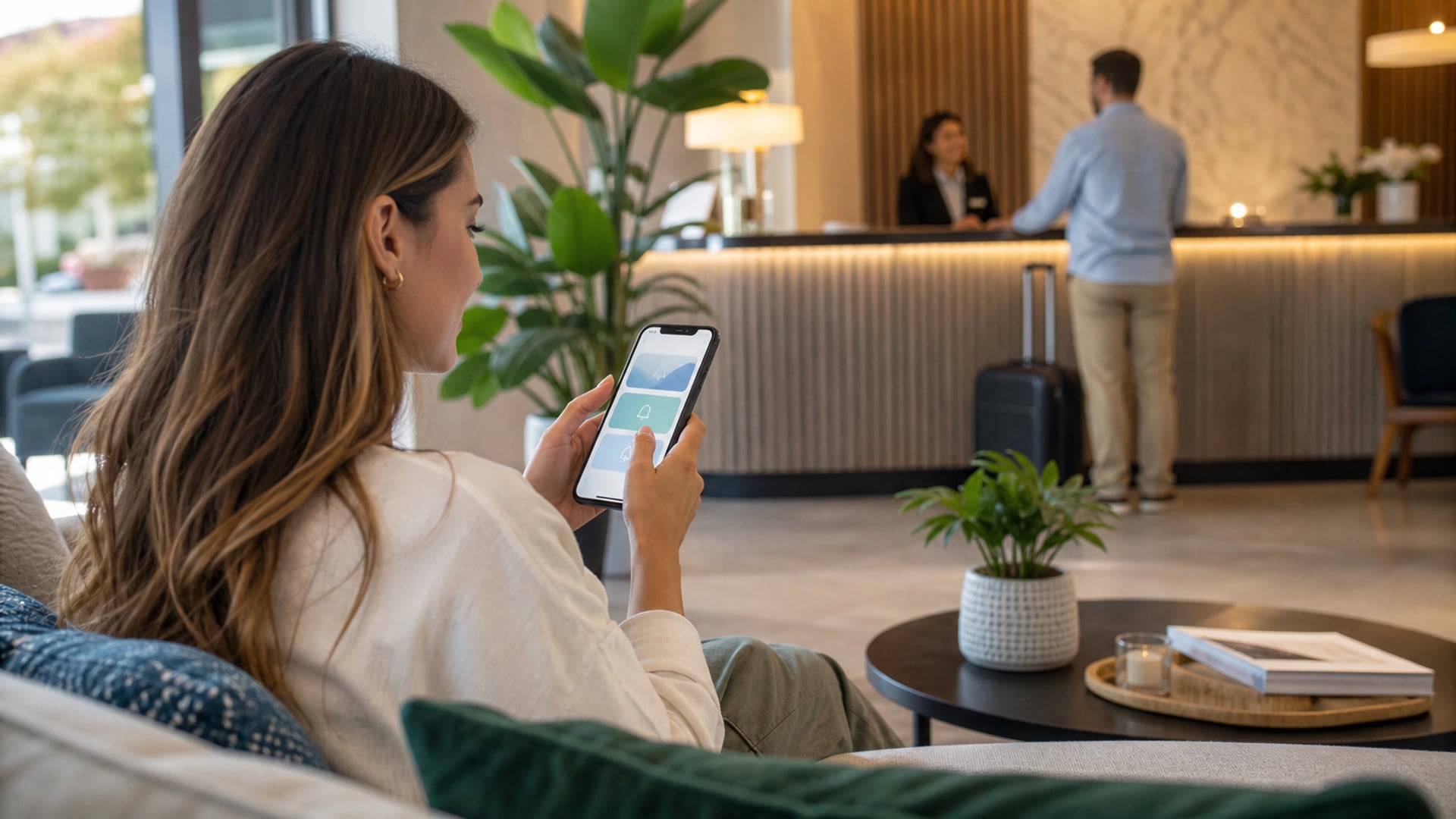 Hotel guest using a self-service guest portal on a smartphone
