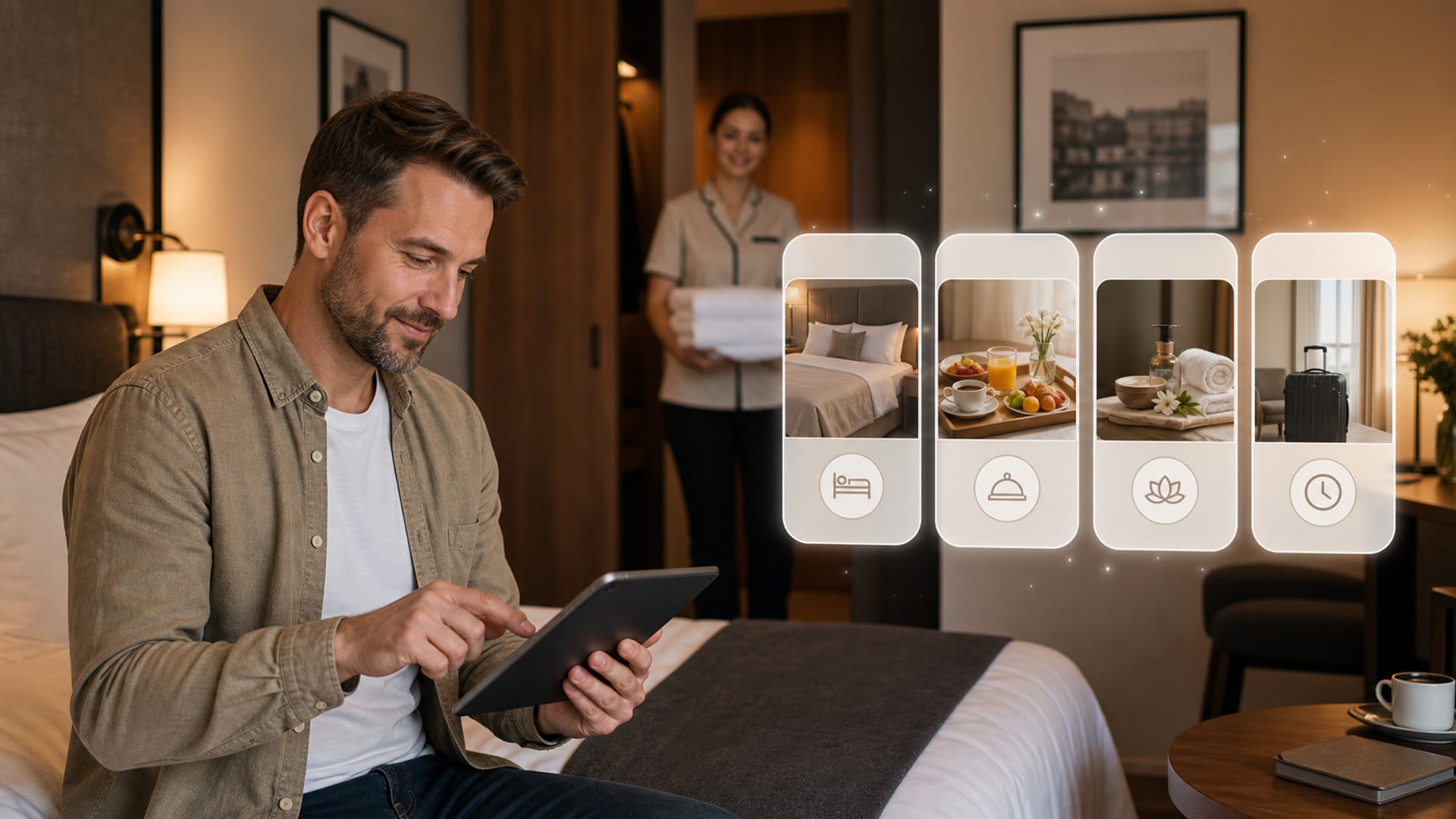 Gość przeglądający opcje upsellingu na tablecie w pokoju hotelowym