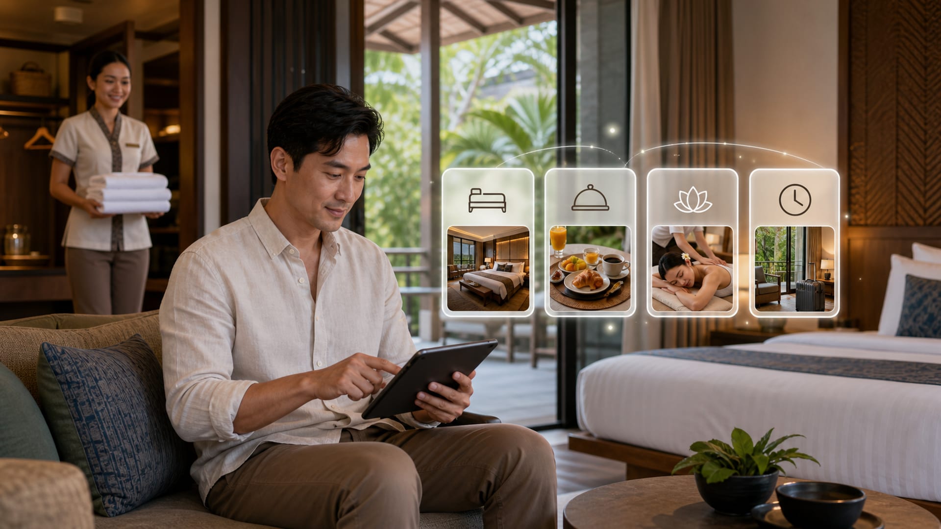 แขกเลือกดูตัวเลือก upsell บนแท็บเล็ตในห้องพักโรงแรม