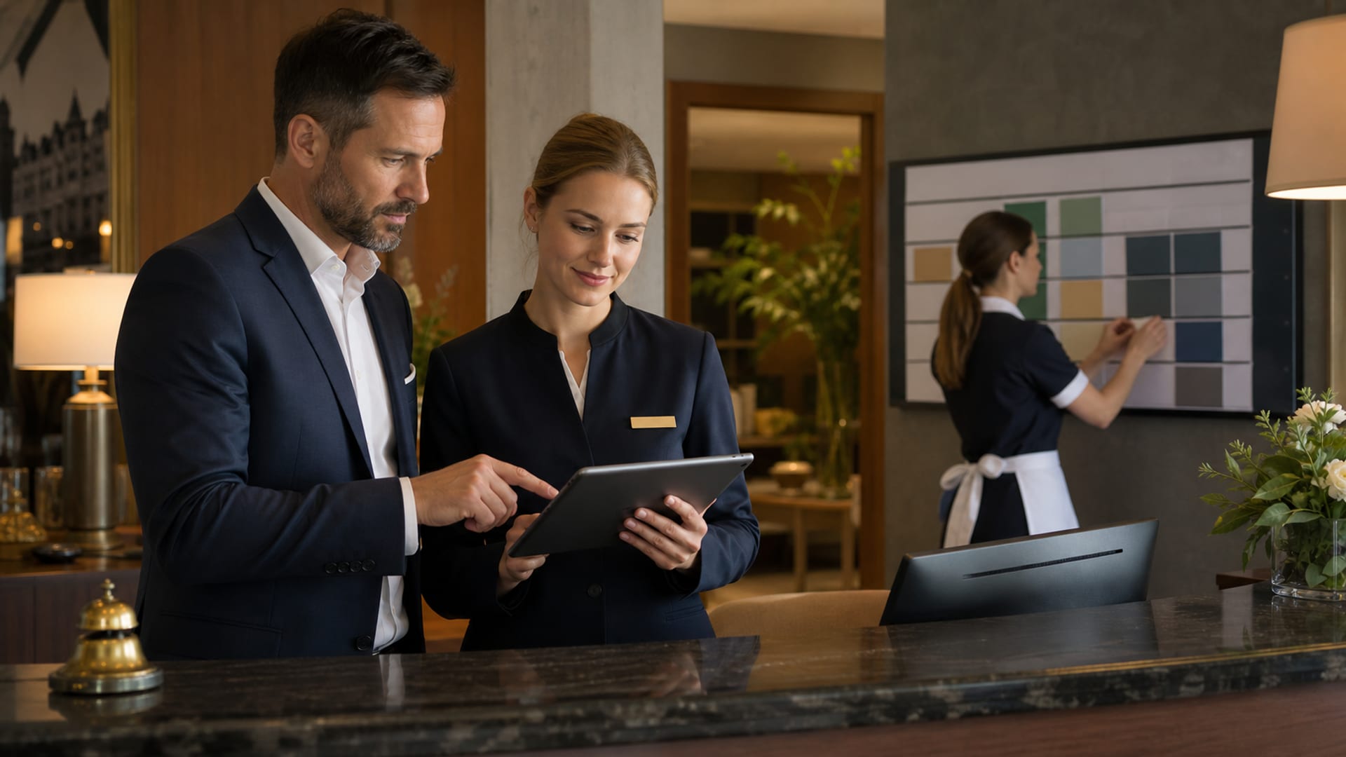 Personel hotelowy korzystający z technologii zarządzania pracą w celu usprawnienia operacji
