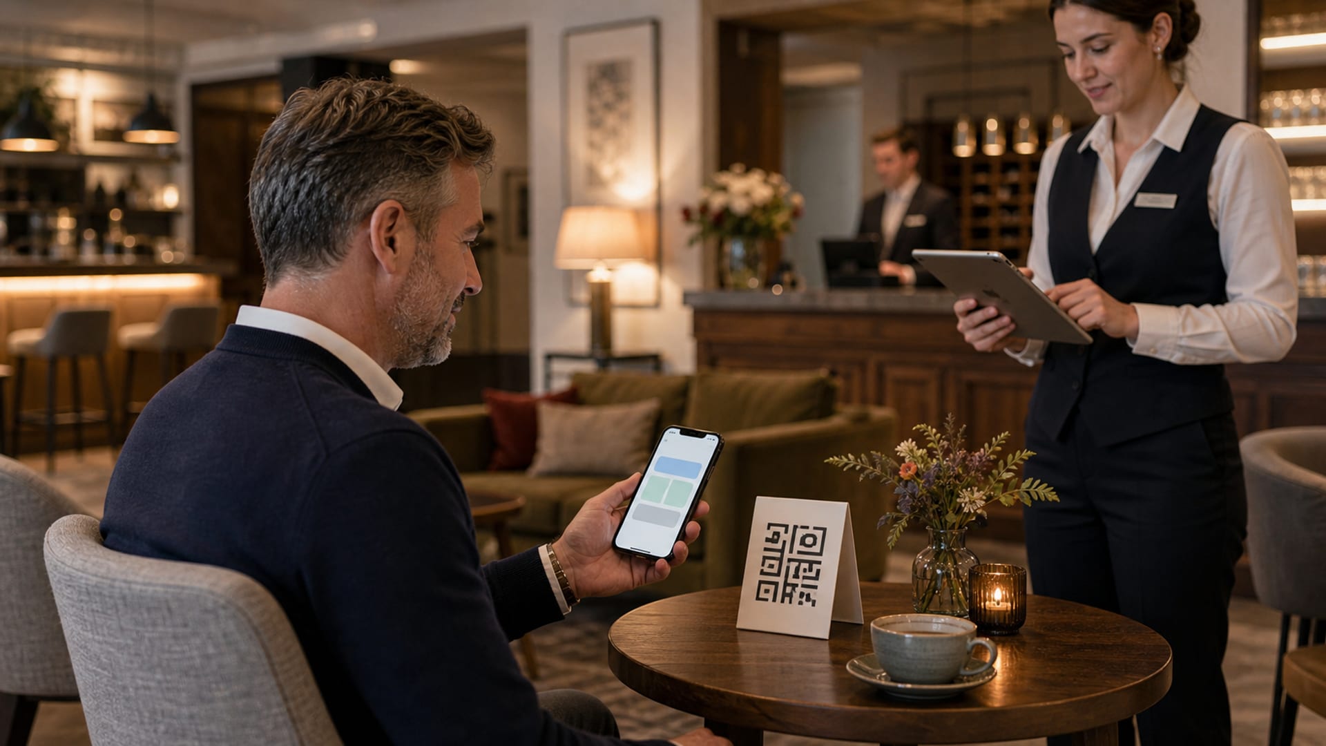 Hotelgast nutzt Tablet für QR-basierte Services im Zimmer