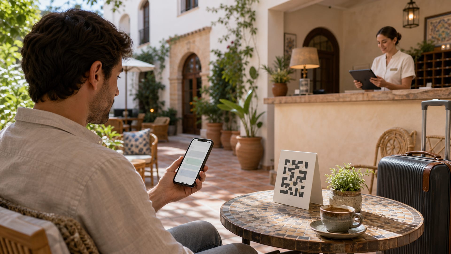 Huesped de hotel usando tableta para servicios basados en QR en la habitacion