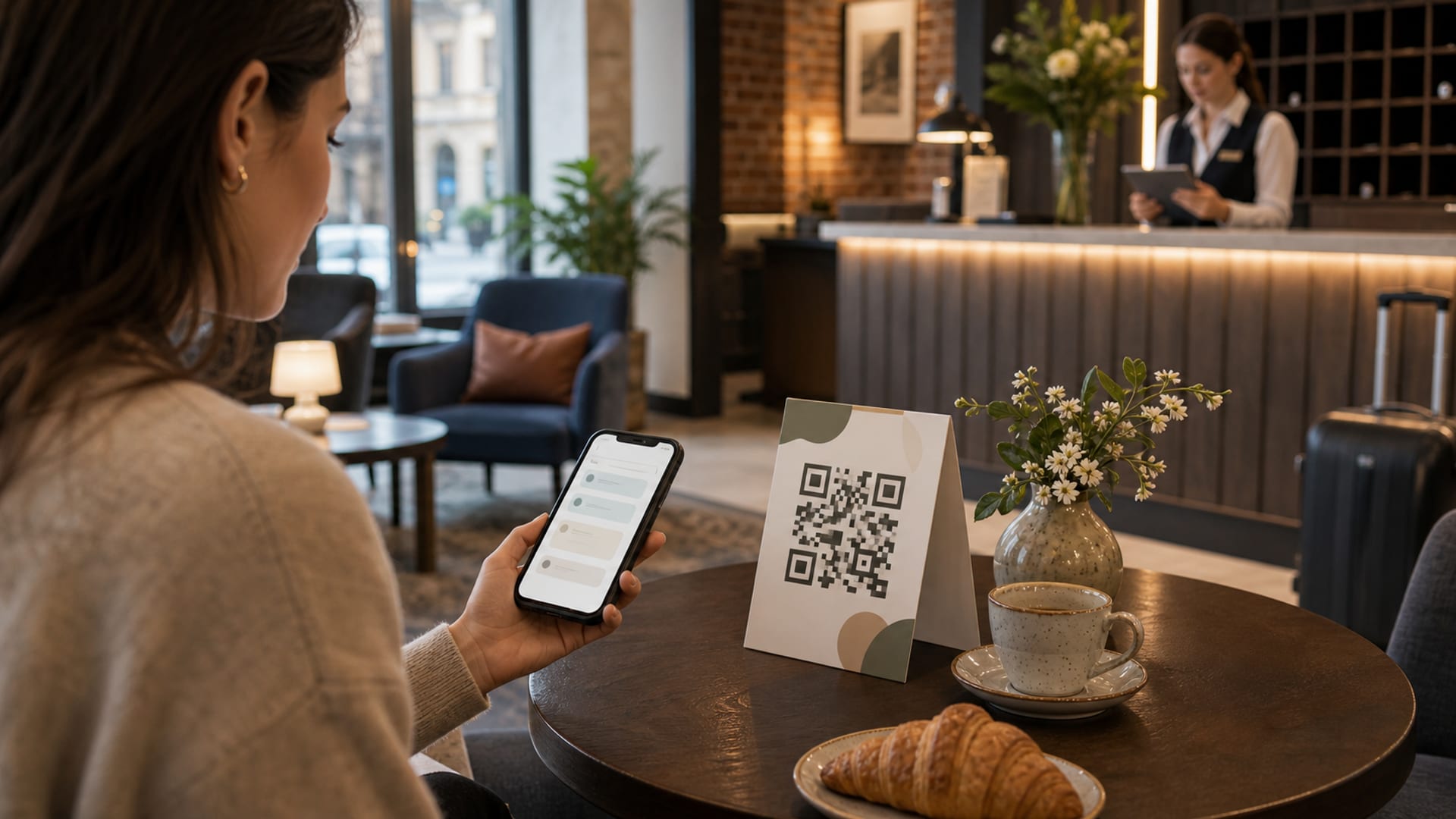 Gość hotelowy korzystający z tabletu do usług opartych na QR w pokoju