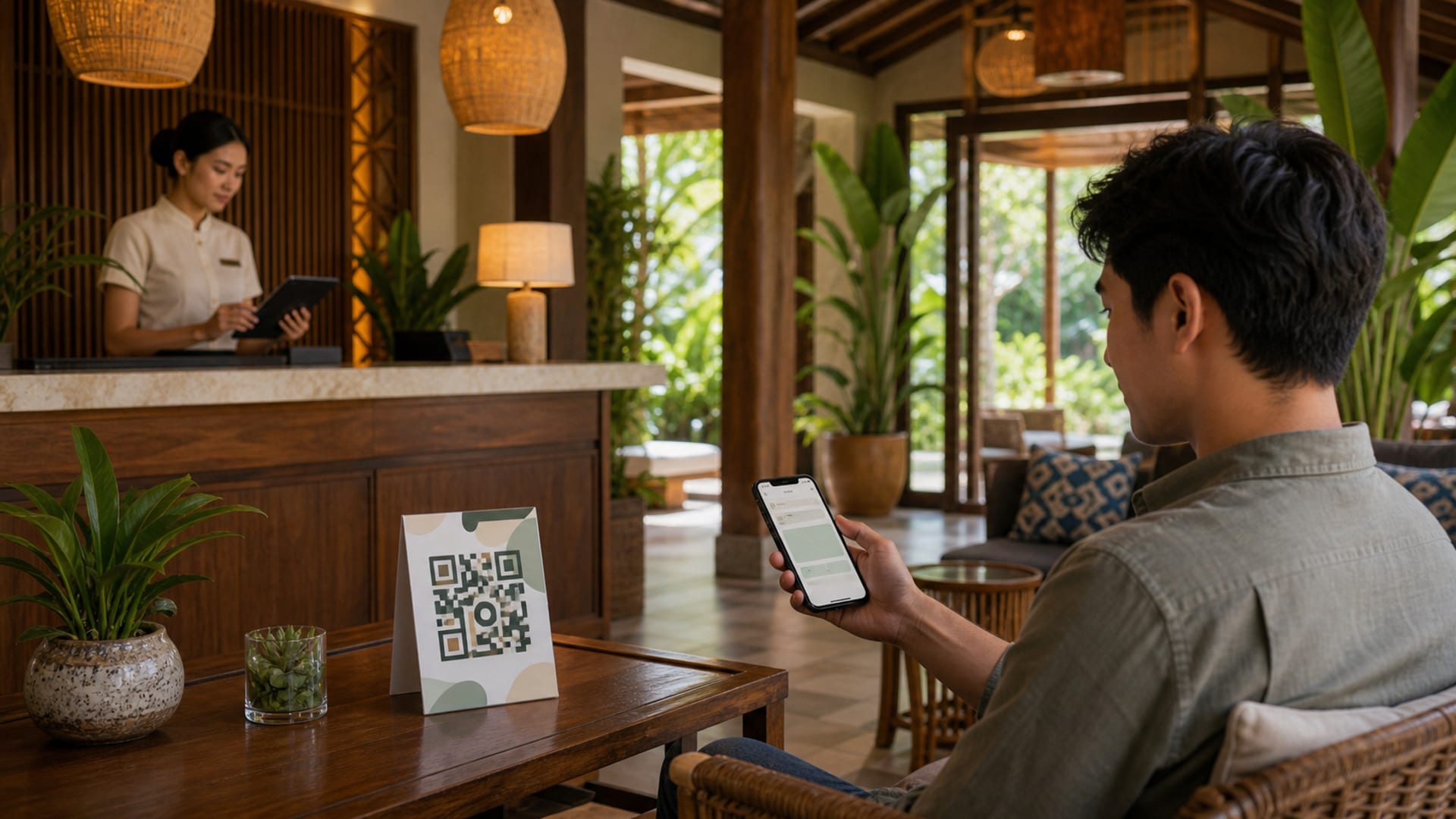 แขกโรงแรมใช้แท็บเล็ตสำหรับบริการผ่าน QR Code ในห้องพัก