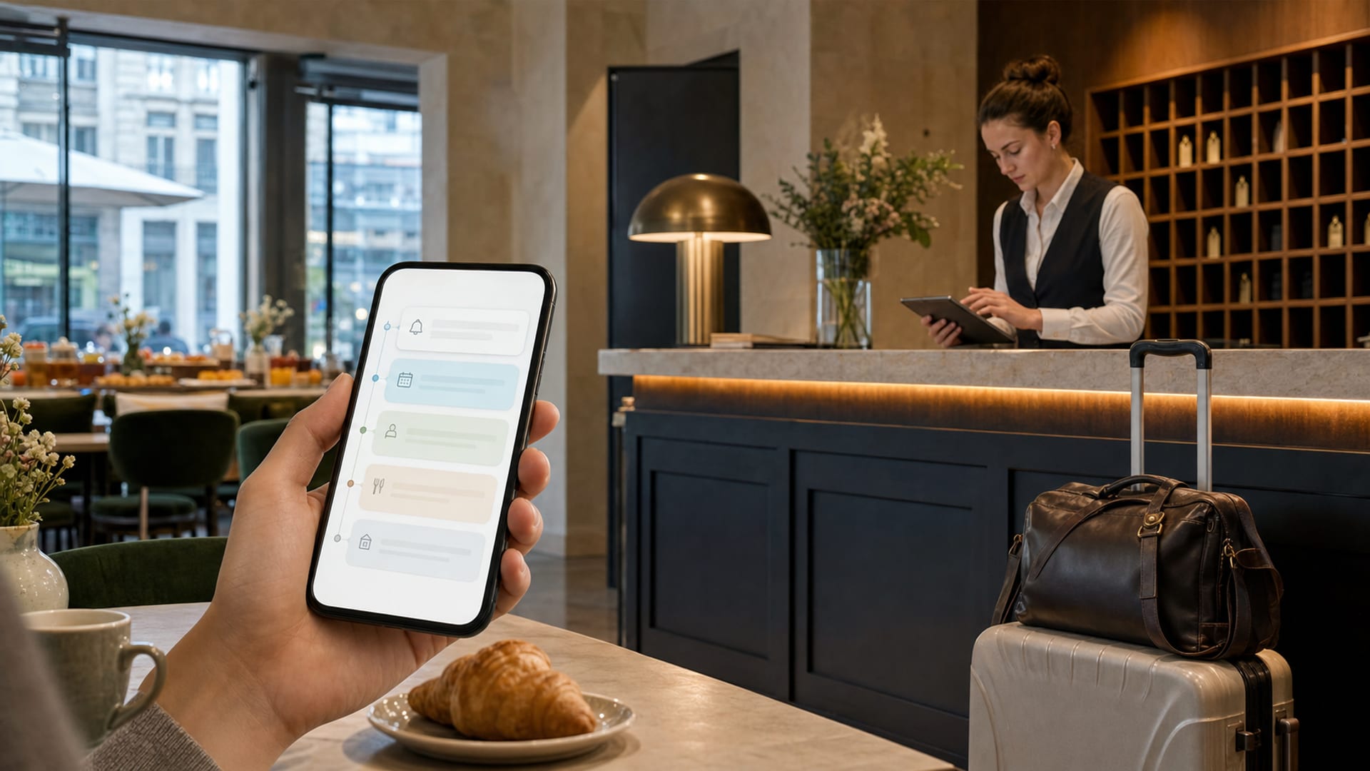 Mediterraner Hotelinnenhof, in dem ein Page einen Gast begrüßt, während ein Paar Kaffee trinkt