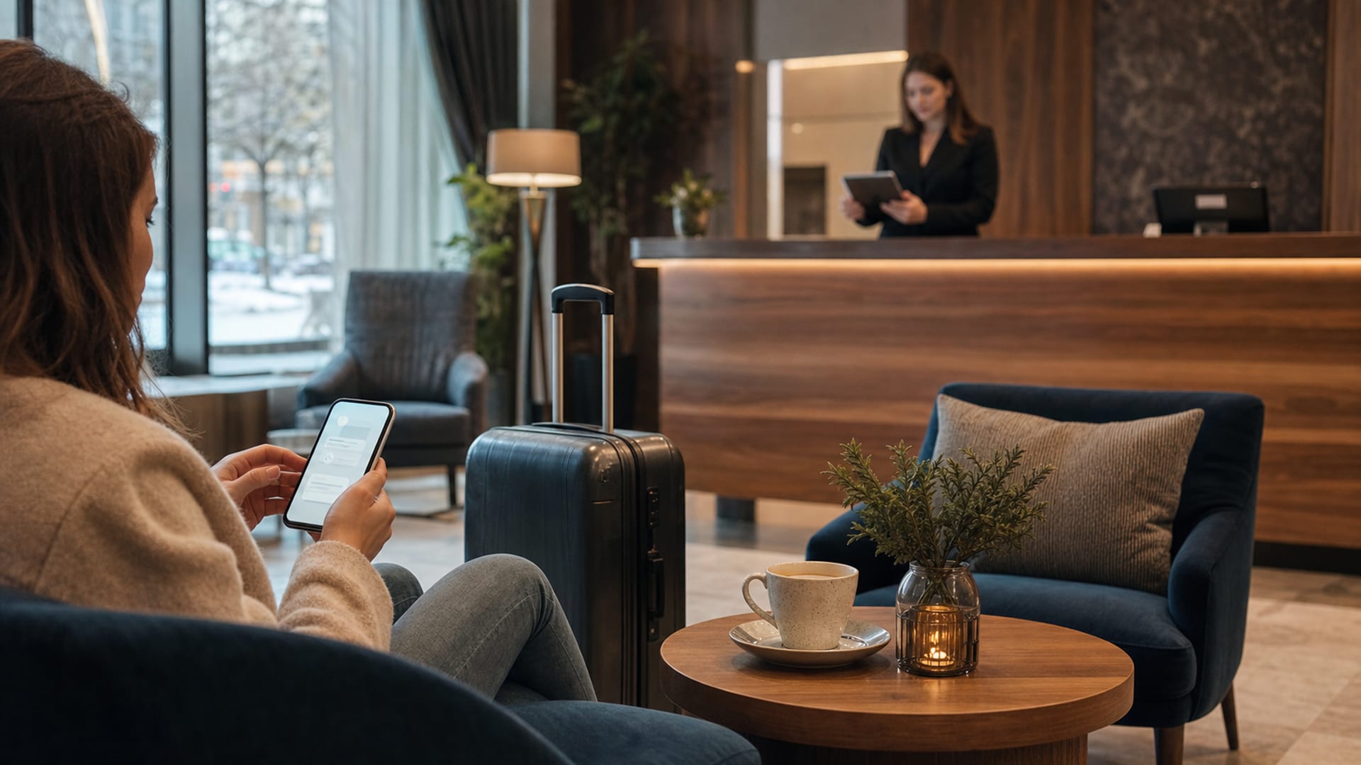 Dziedziniec śródziemnomorskiego hotelu z bagażowym witającym gościa, podczas gdy para pije kawę