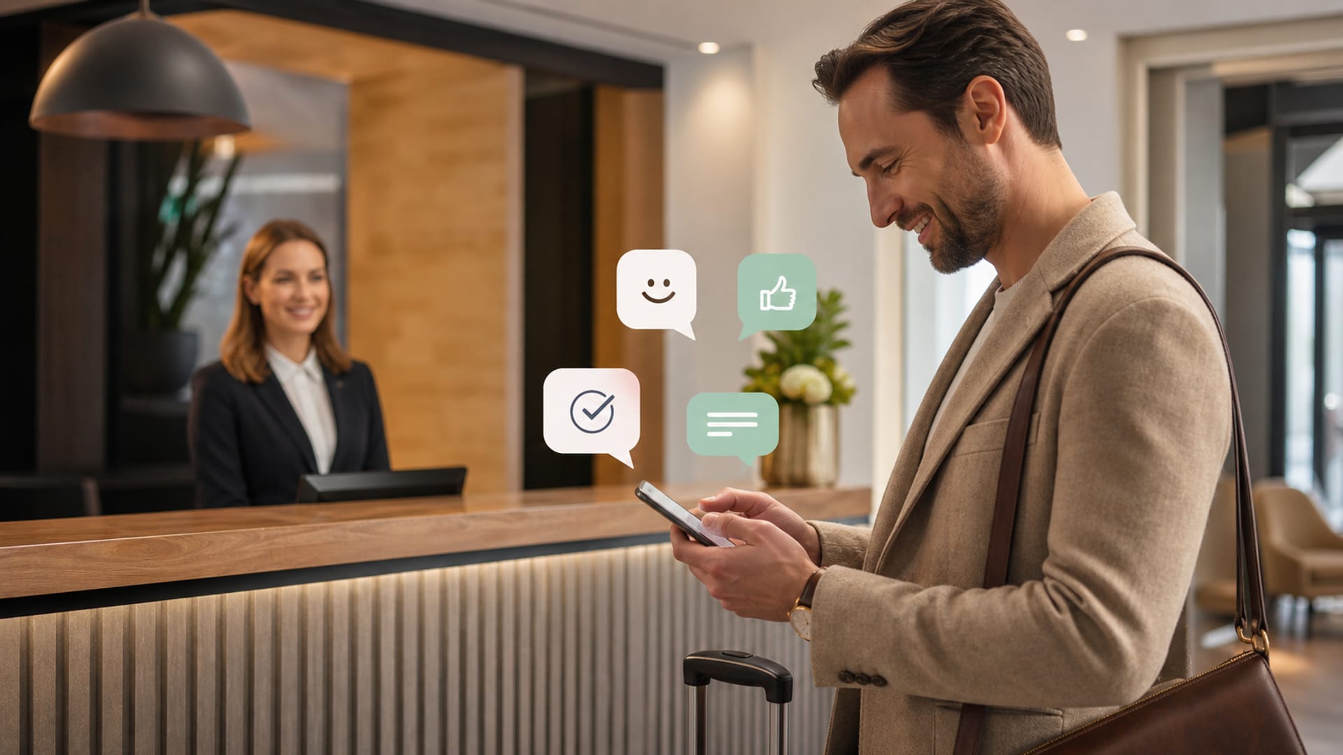 Gość hotelowy skanujący kod QR, aby zostawić opinię