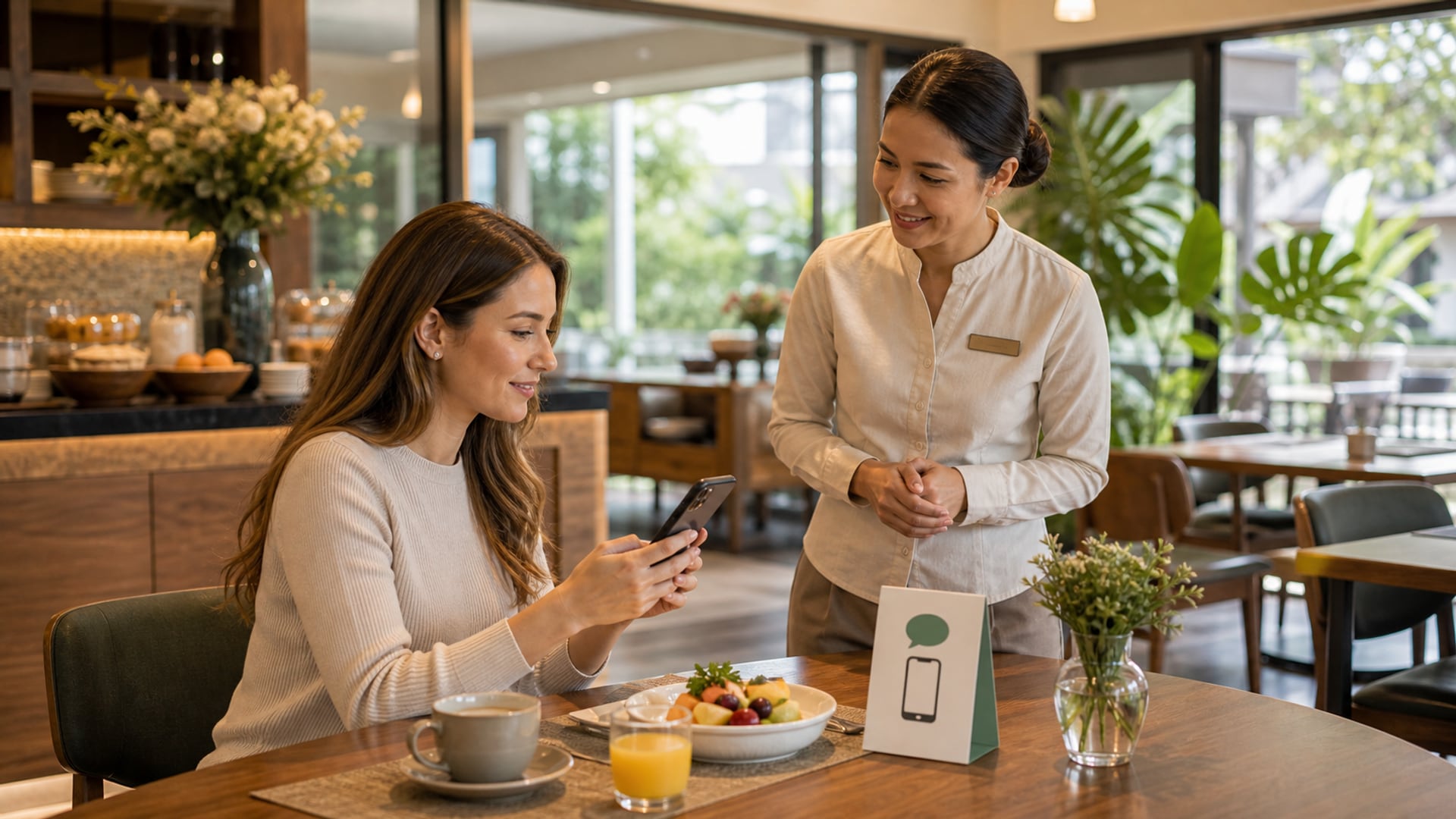 Hotelgast scannt QR-Code, um eine Bewertung abzugeben