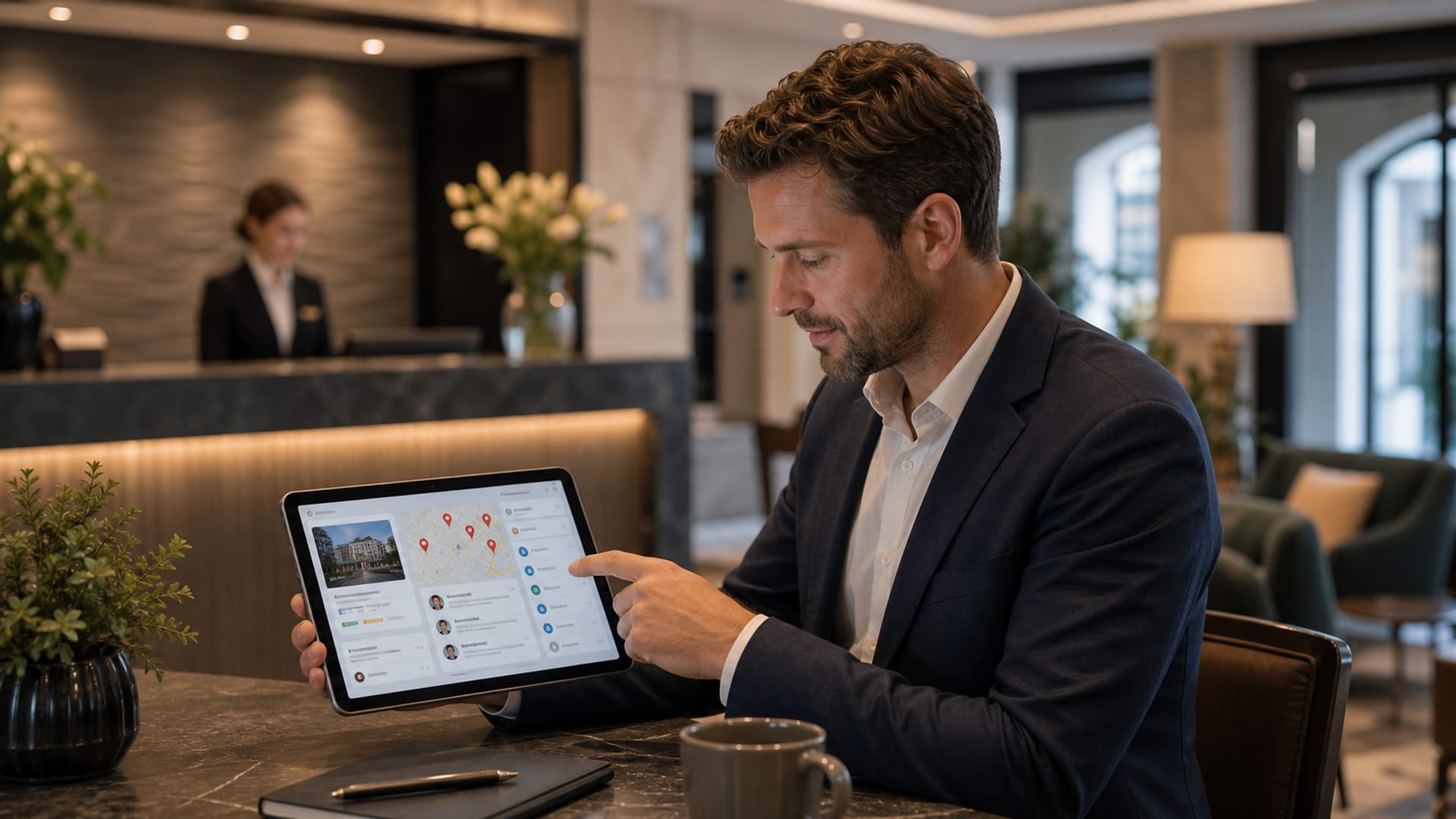 Hotelmanager optimiert Google Business Profile am Laptop