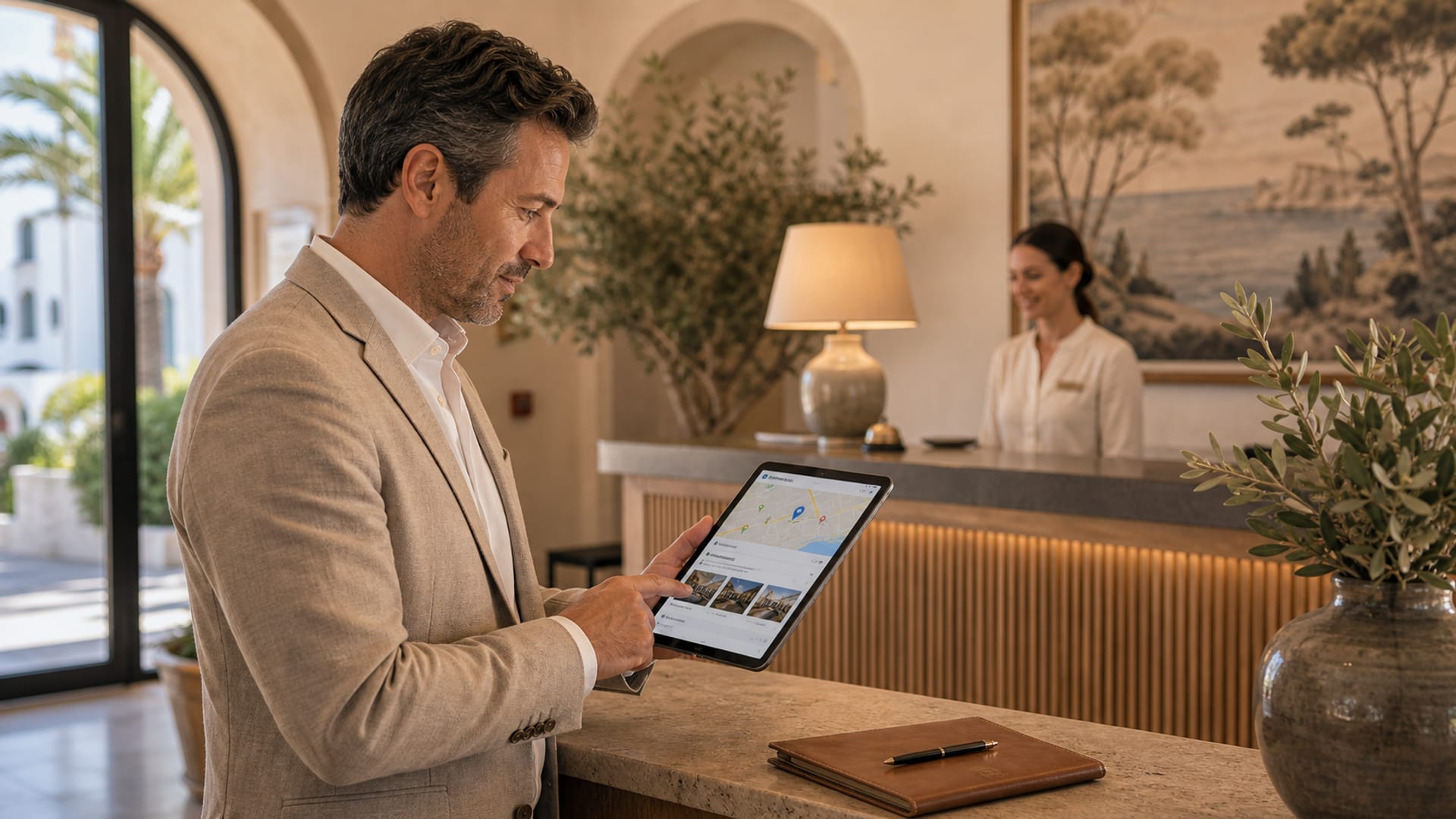 Gerente de hotel optimizando el Google Business Profile en un portátil