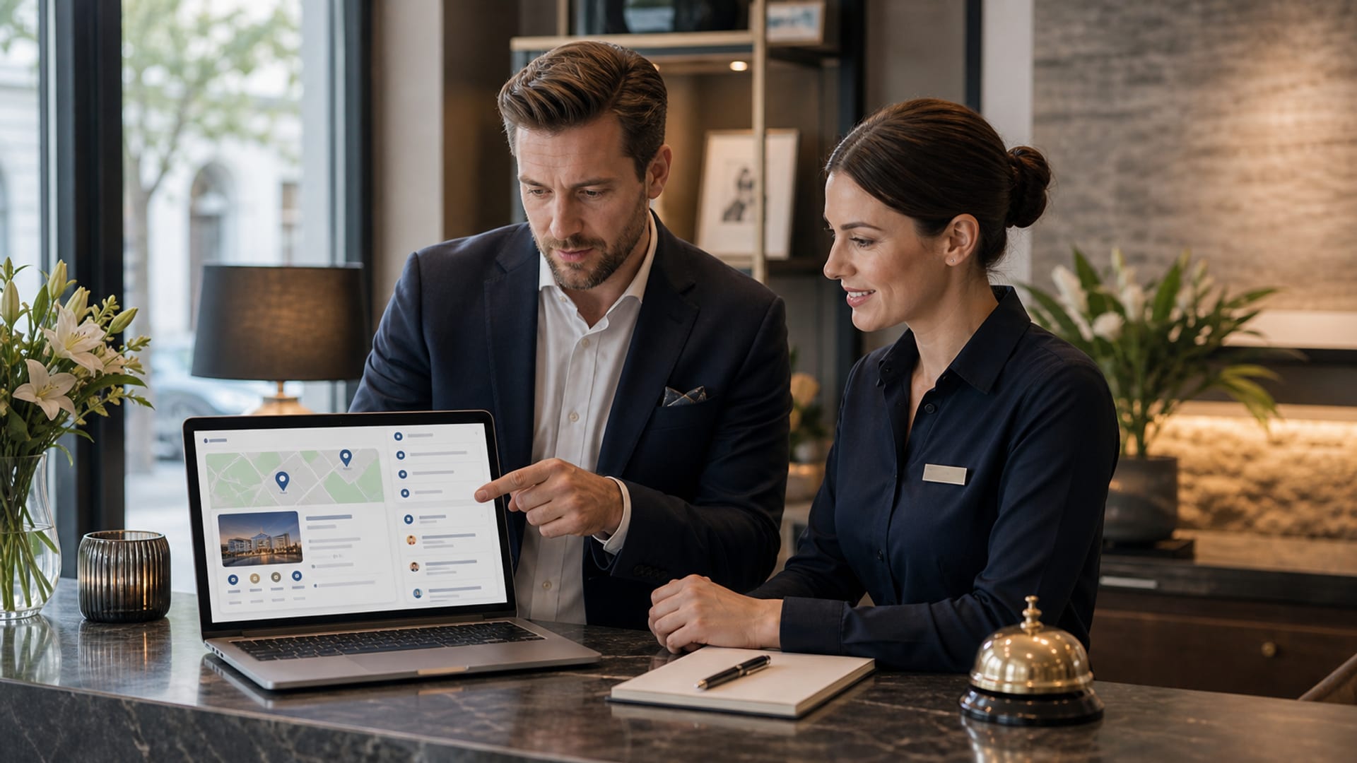 Menedżer hotelu optymalizujący Google Business Profile na laptopie