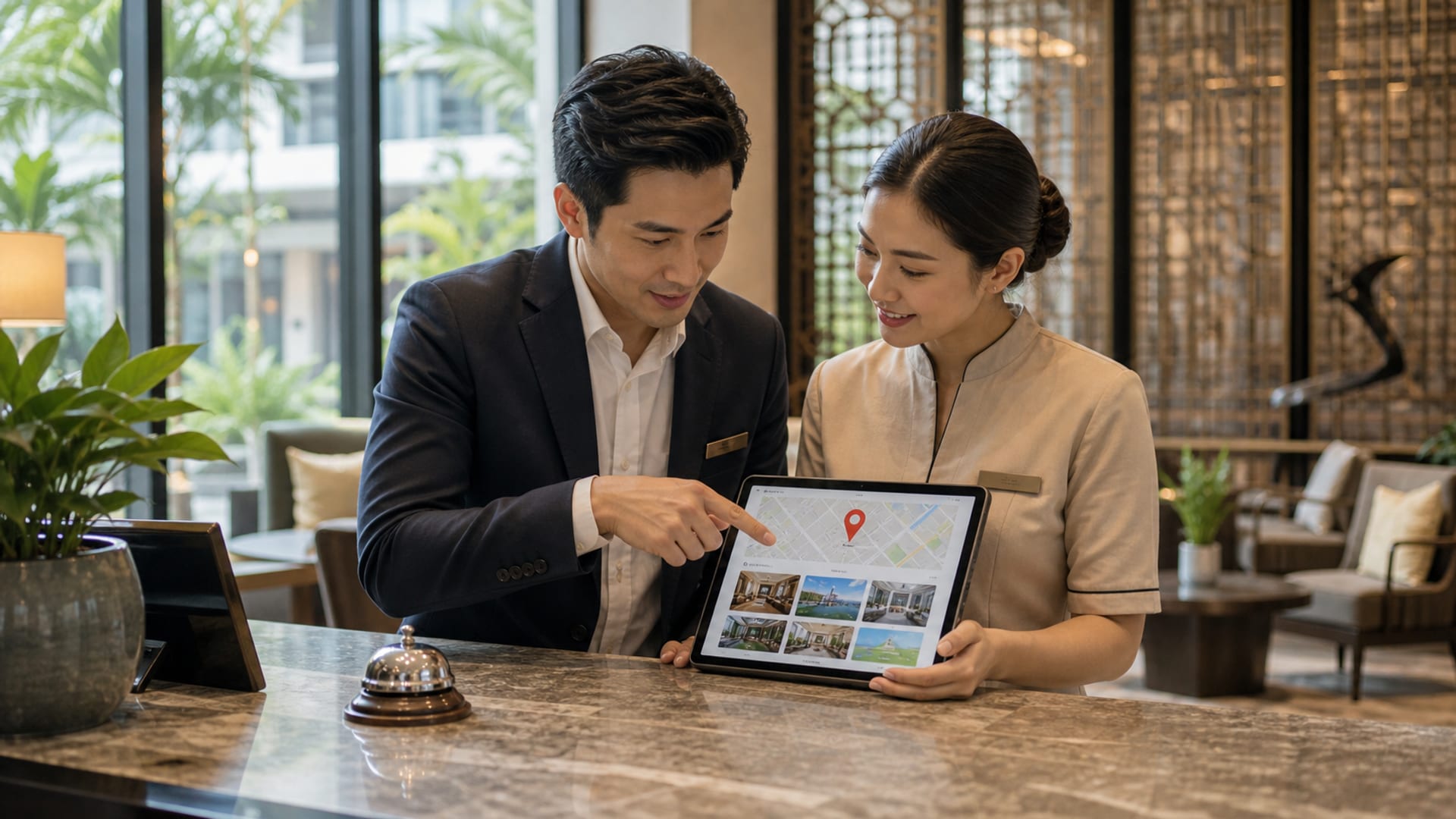 ผู้จัดการโรงแรมกำลังเพิ่มประสิทธิภาพ Google Business Profile บนแล็ปท็อป