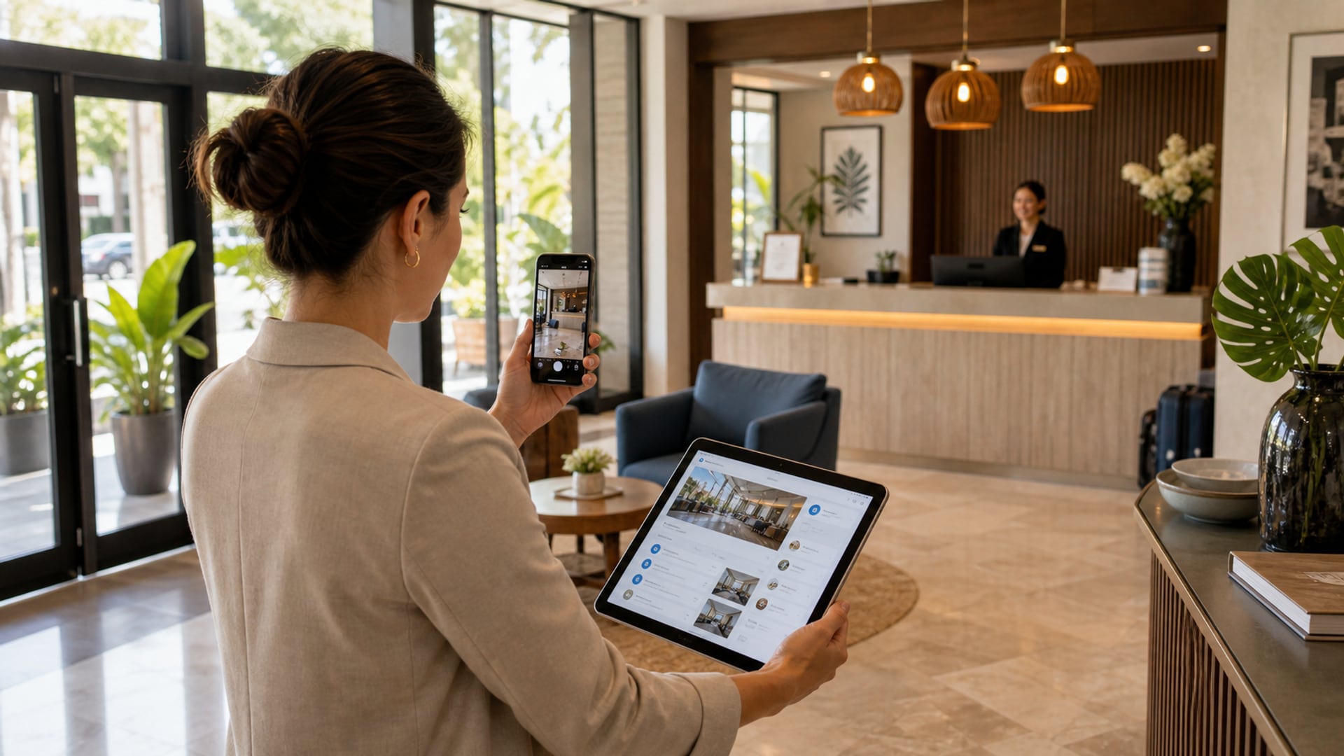 Hotelmanager optimiert Google Business Profile am Laptop