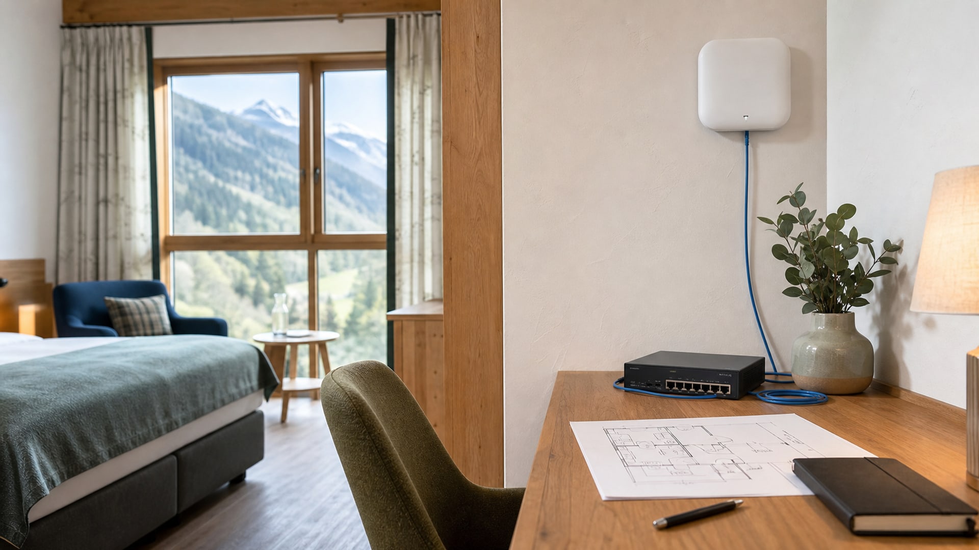 Hotelzimmer mit WLAN-Konnektivität und Access Point