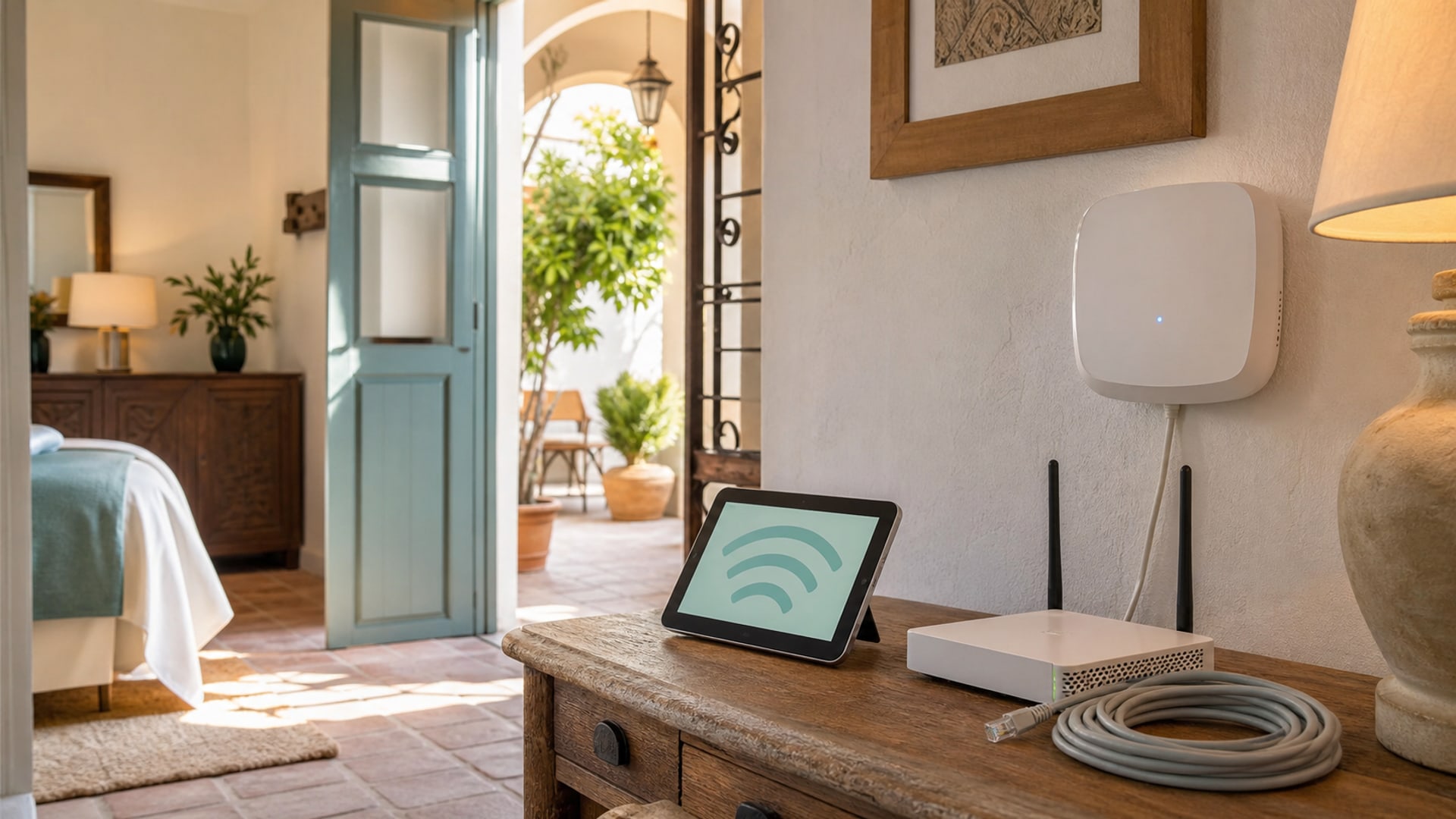 Habitacion de hotel con conectividad WiFi y punto de acceso
