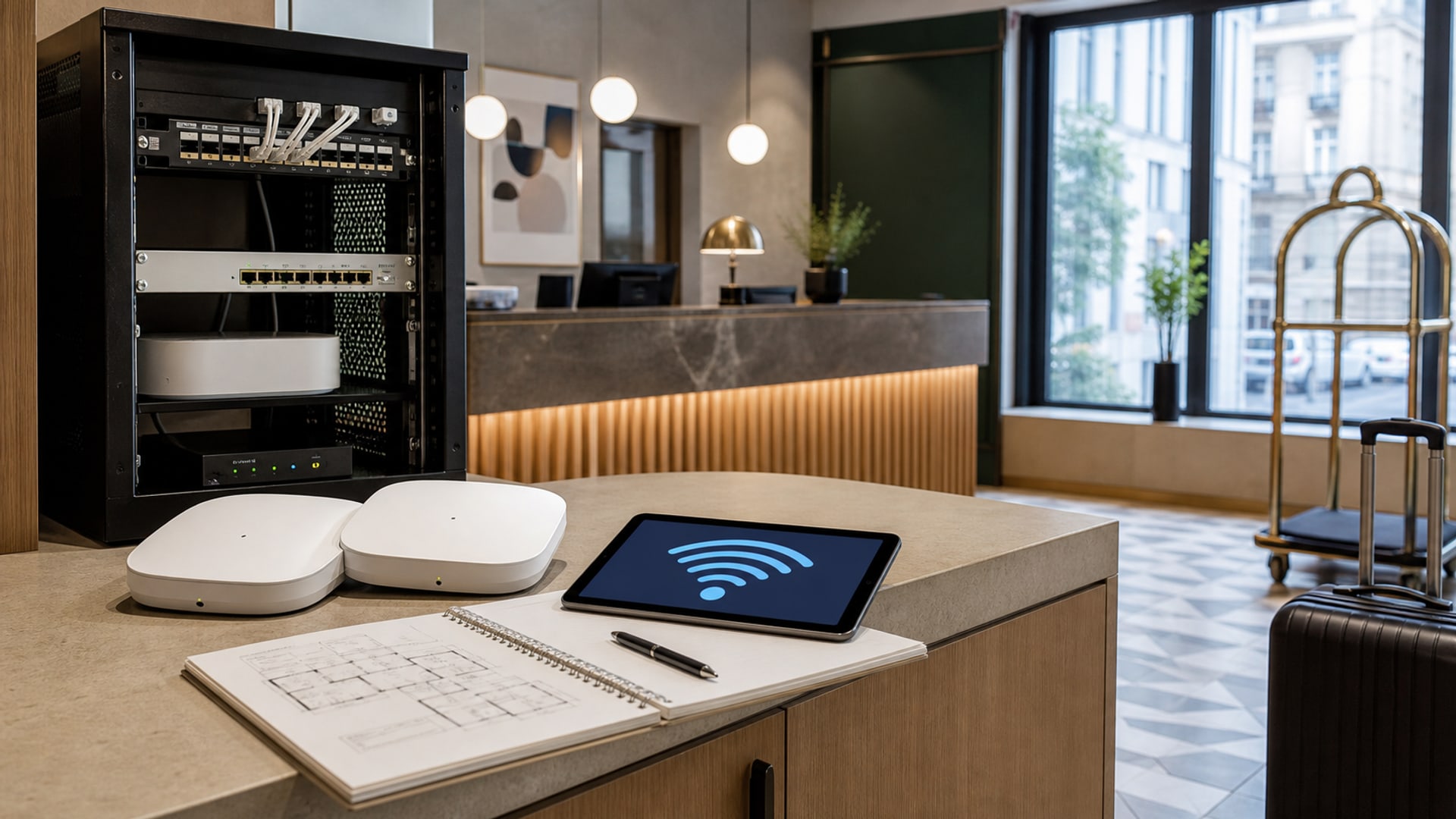 Pokój hotelowy z konfiguracją WiFi i punktem dostępowym